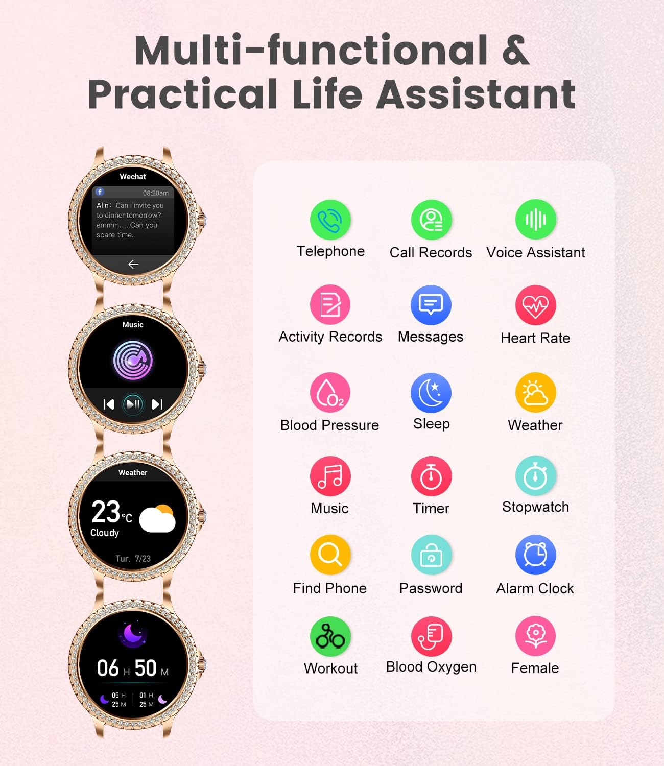 Womens Smart Watch Bluetooth Calling Fitness Tracker Rose Gold