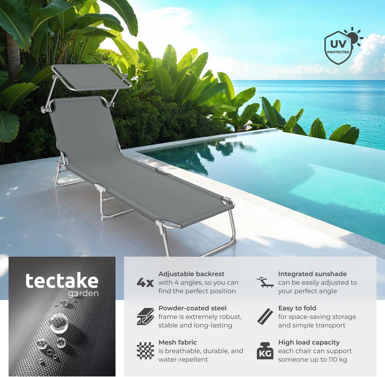 Folding Sun Lounger with Canopy Adjustable Backrest Grey