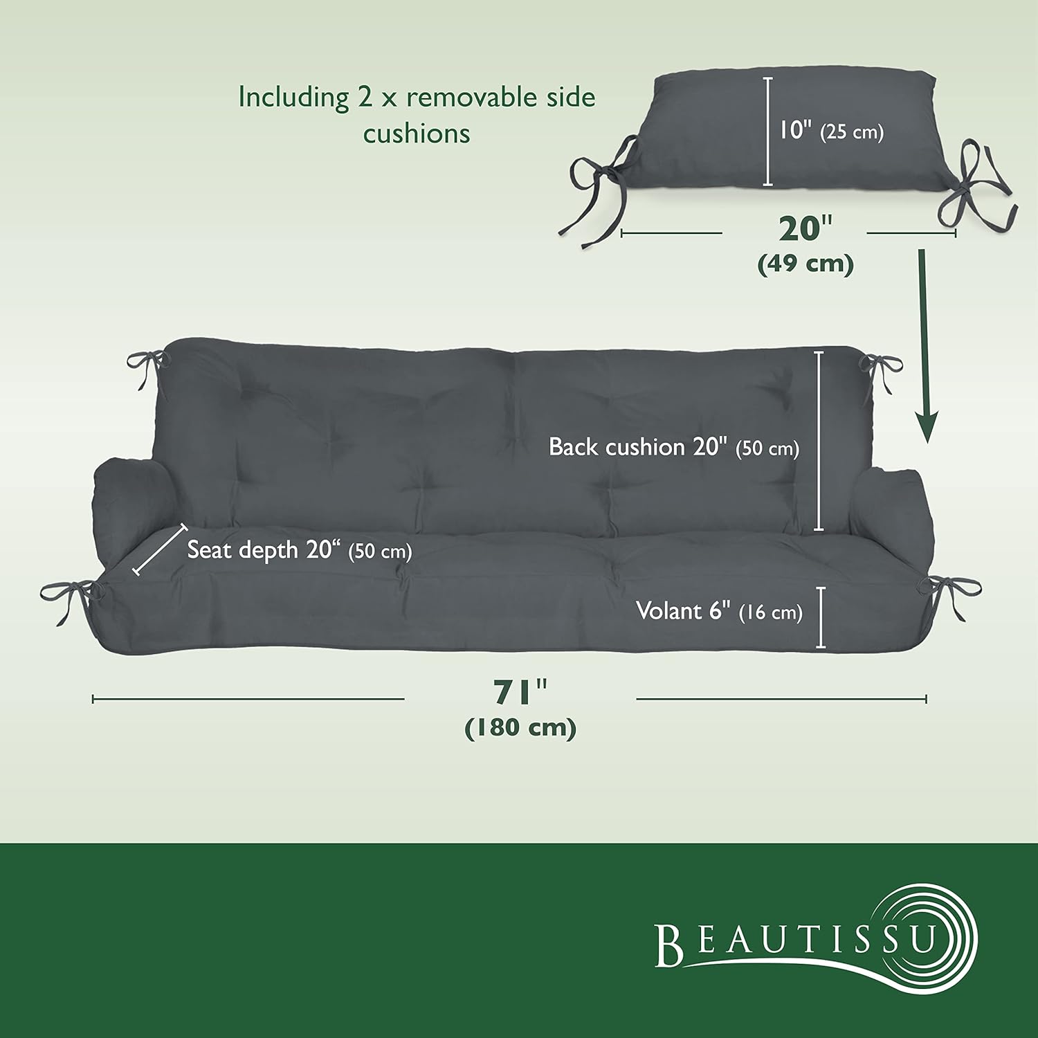 3 Seater Garden Swing Seat Cushion 180x50x8cm Grey