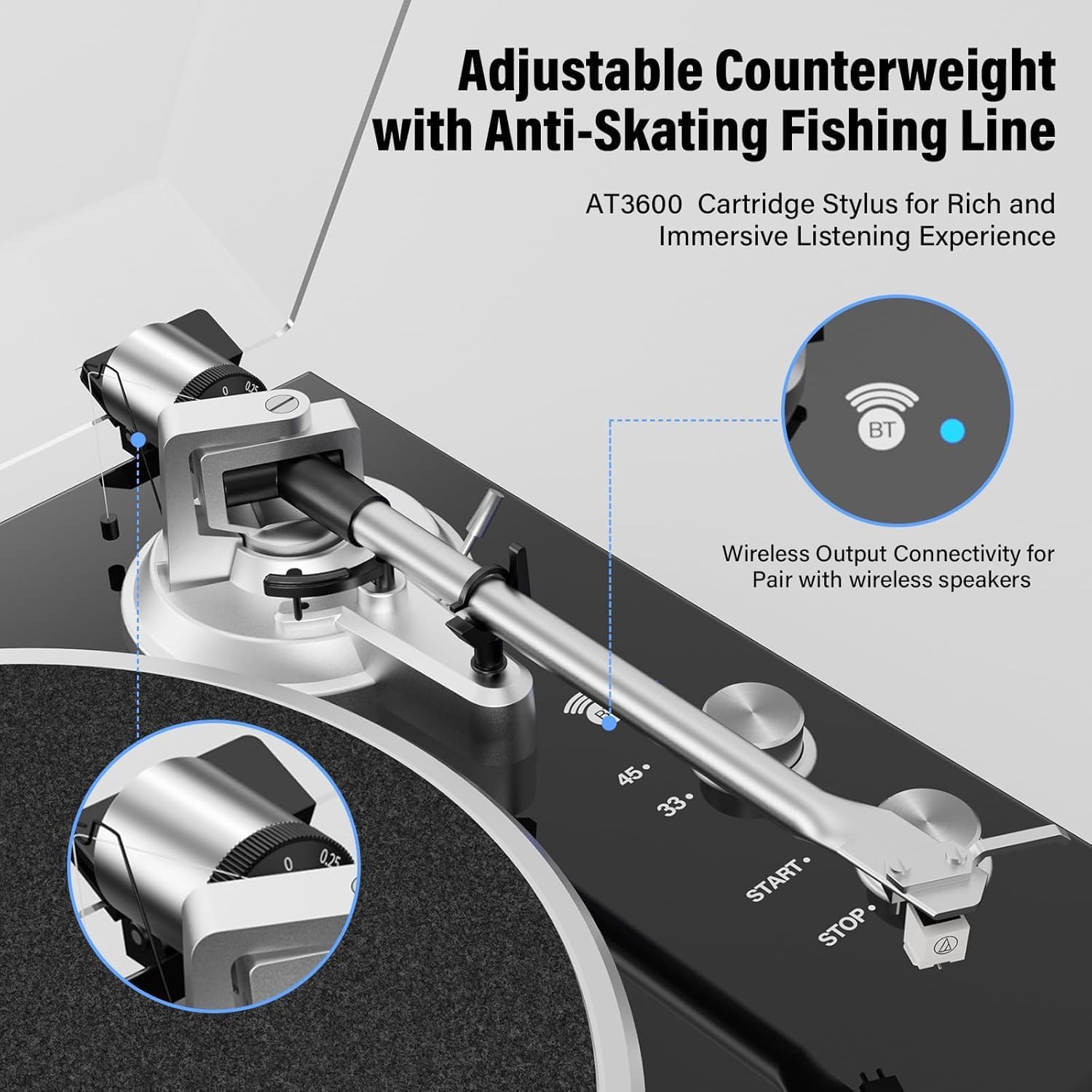 Belt-Drive Vinyl Turntable Bluetooth USB Magnetic Cartridge Adjustable