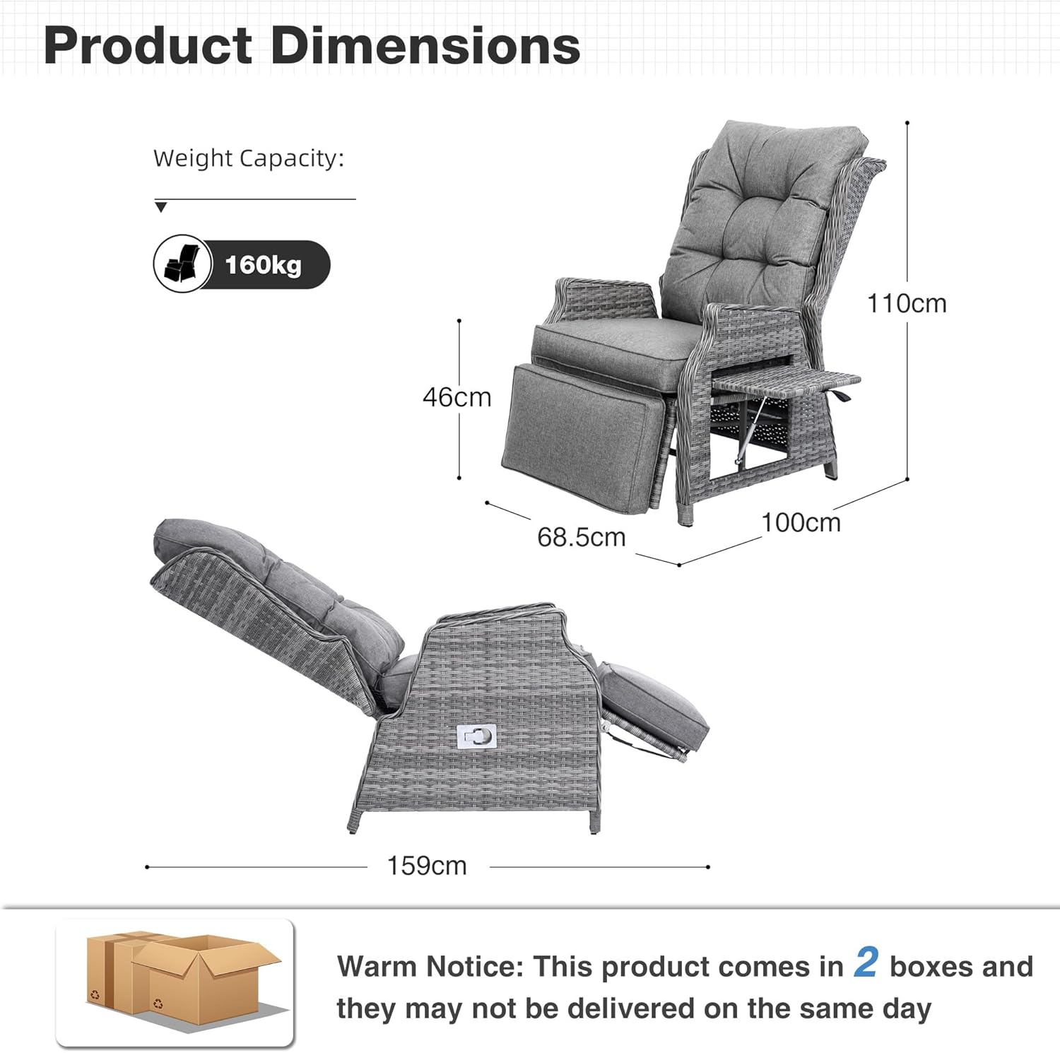 2 Piece Rattan Reclining Sun Lounger Set Table Grey