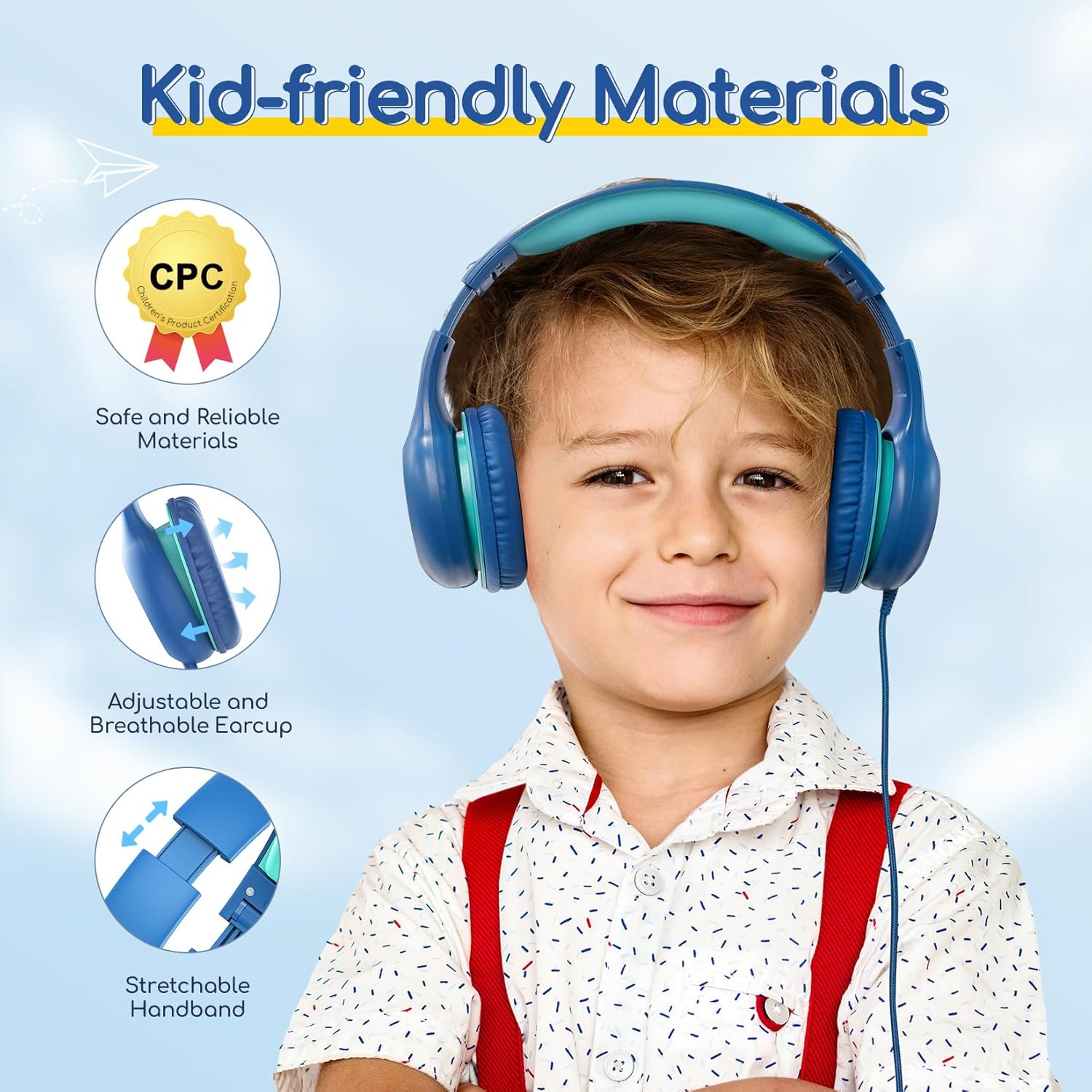 Kids Wired Headphones 85dB Volume Limit Foldable Over Ear Stereo