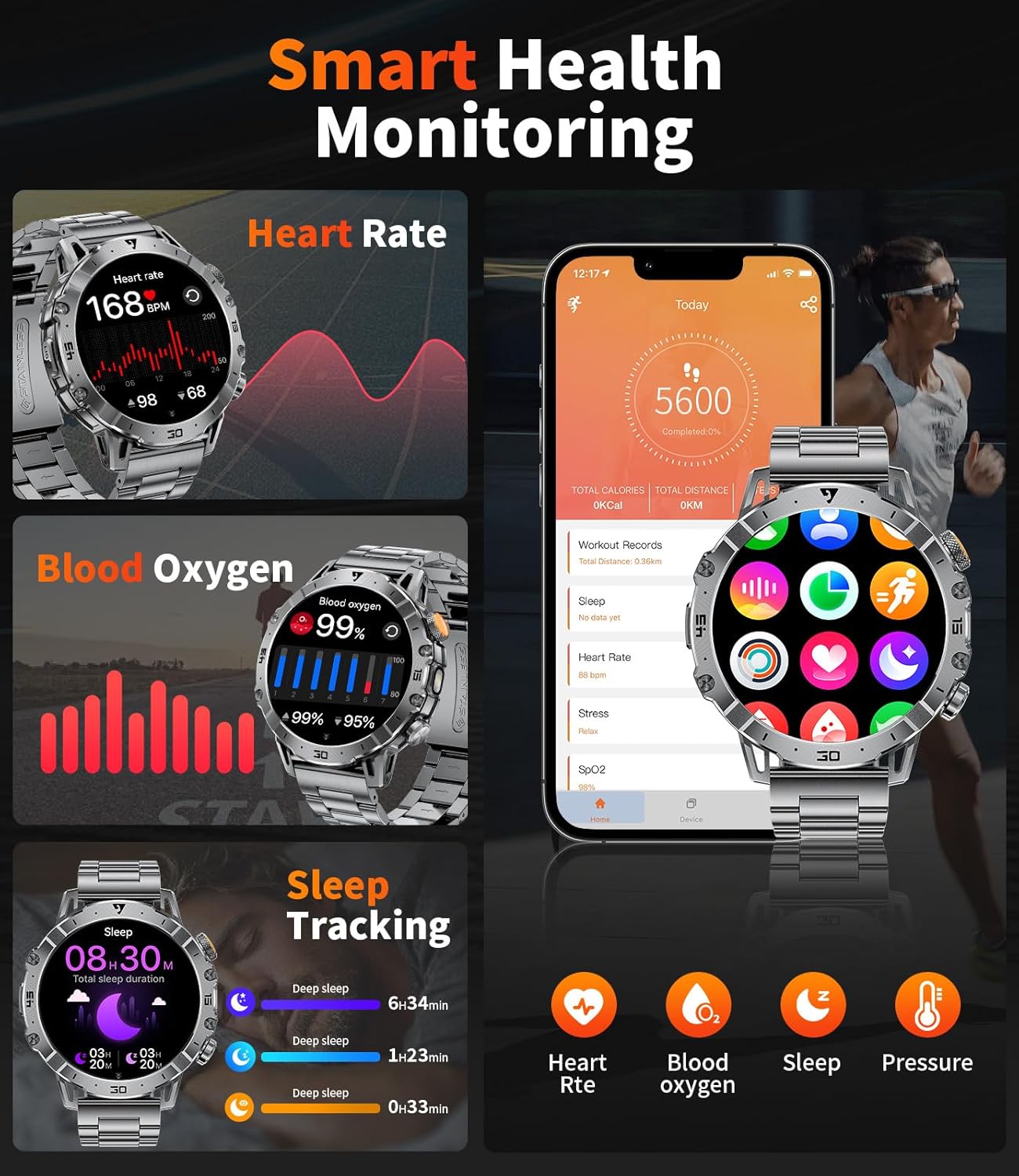 Military Smart Watch 1000mAh Bluetooth Call 100 Sports