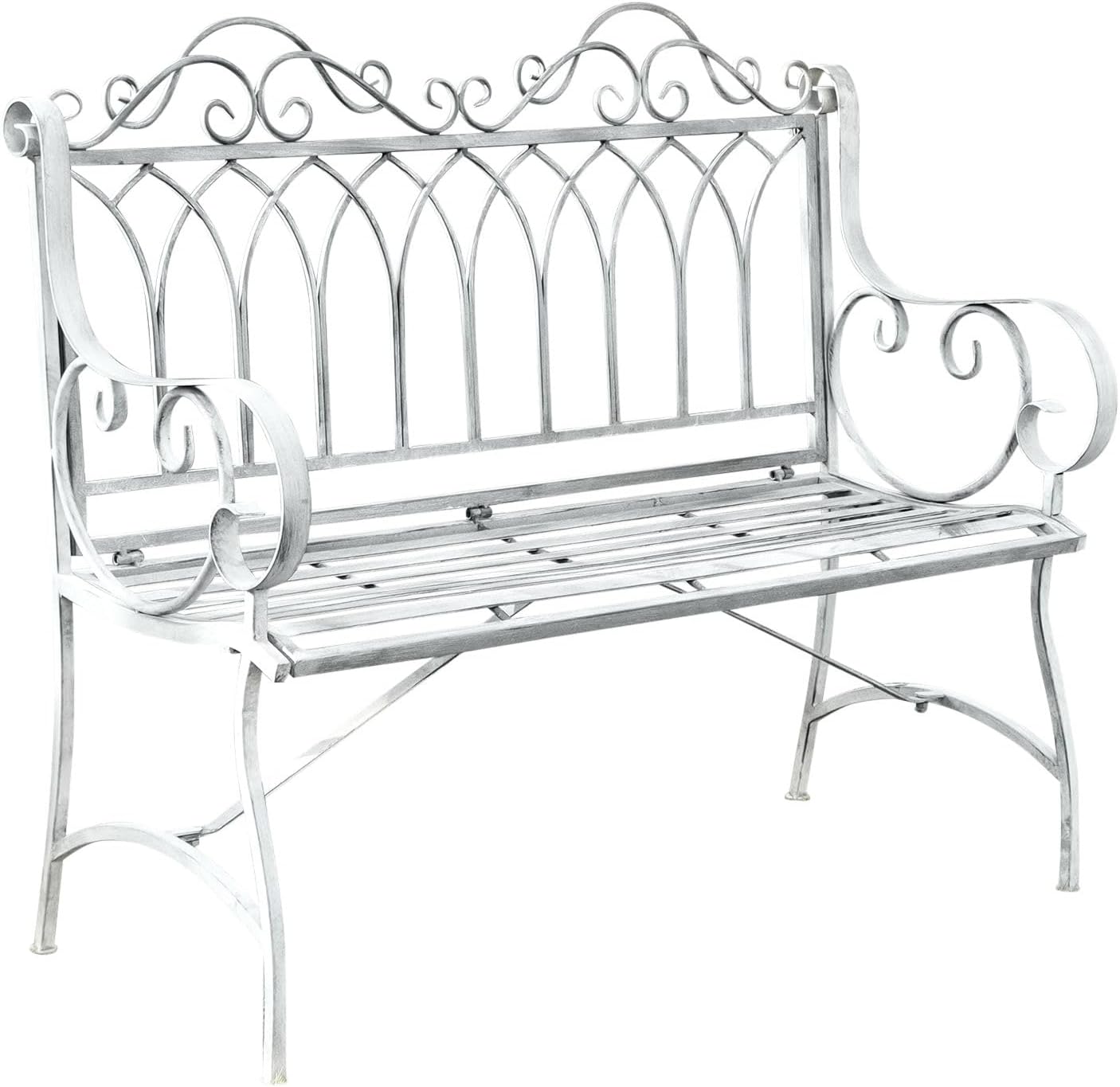 Ornate Metal Garden Bench Distressed White Patio Seat