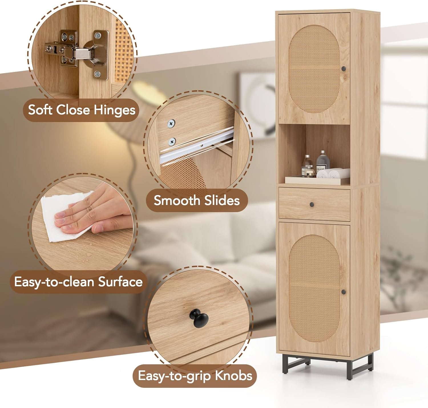 Tall Slim Storage Cabinet Natural Rattan Drawer Door Unit