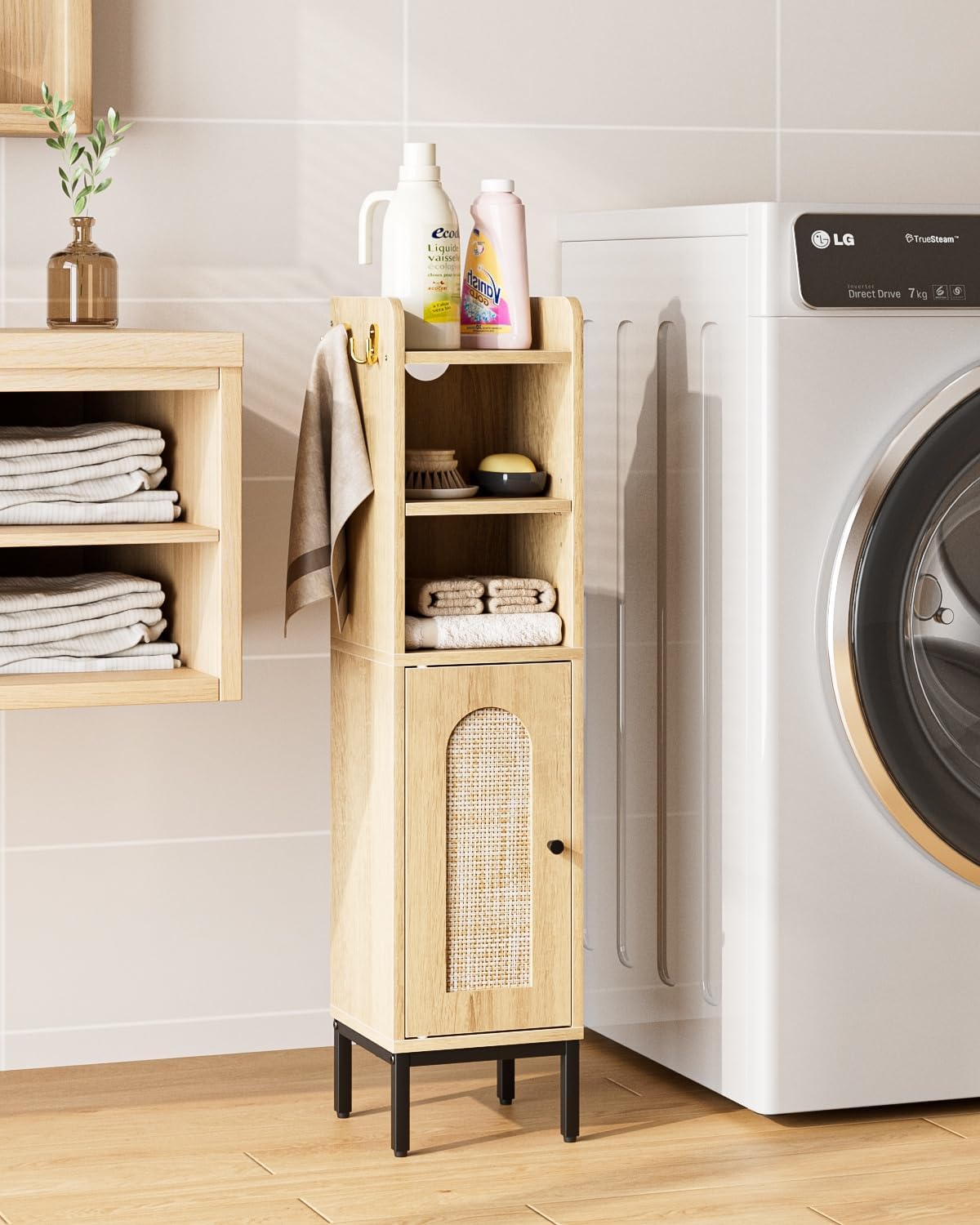 Slim Tall Bathroom Storage Cabinet Waterproof Oak Rattan Unit