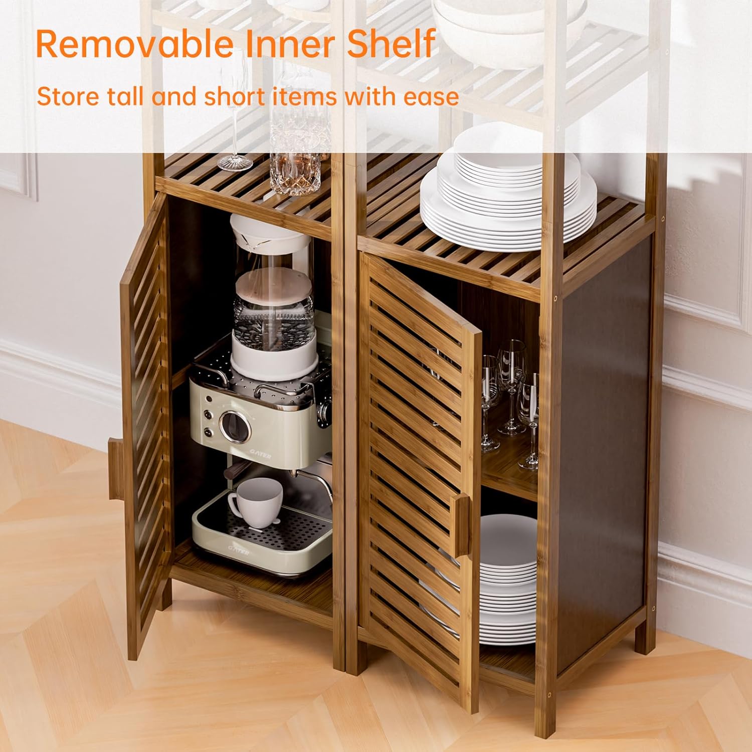 Bamboo Tall Storage Cabinet Walnut Open Shelf Door Unit