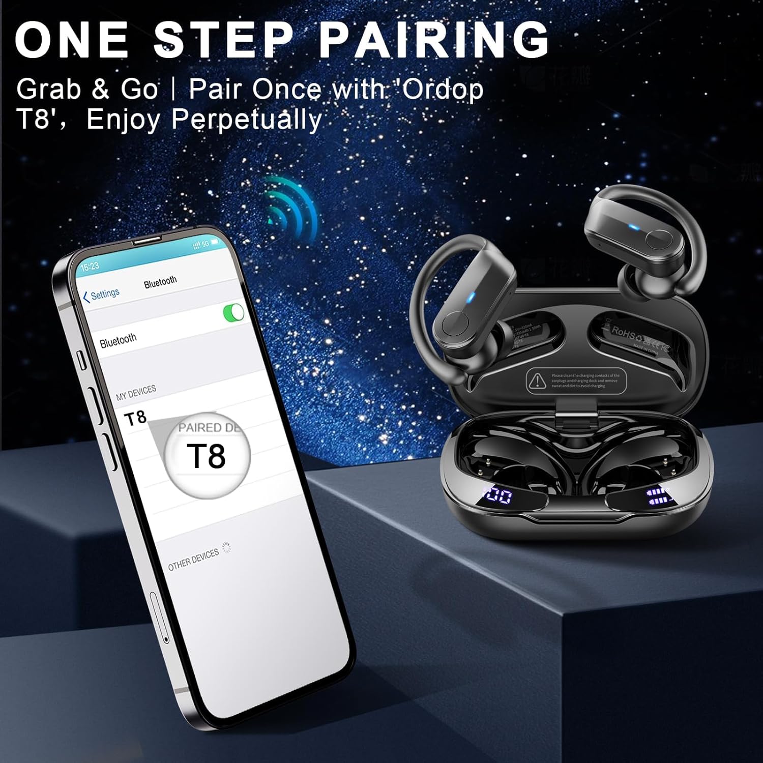 Wireless Sports Earbuds Bluetooth 5.4 70Hr Battery ENC Waterproof Black