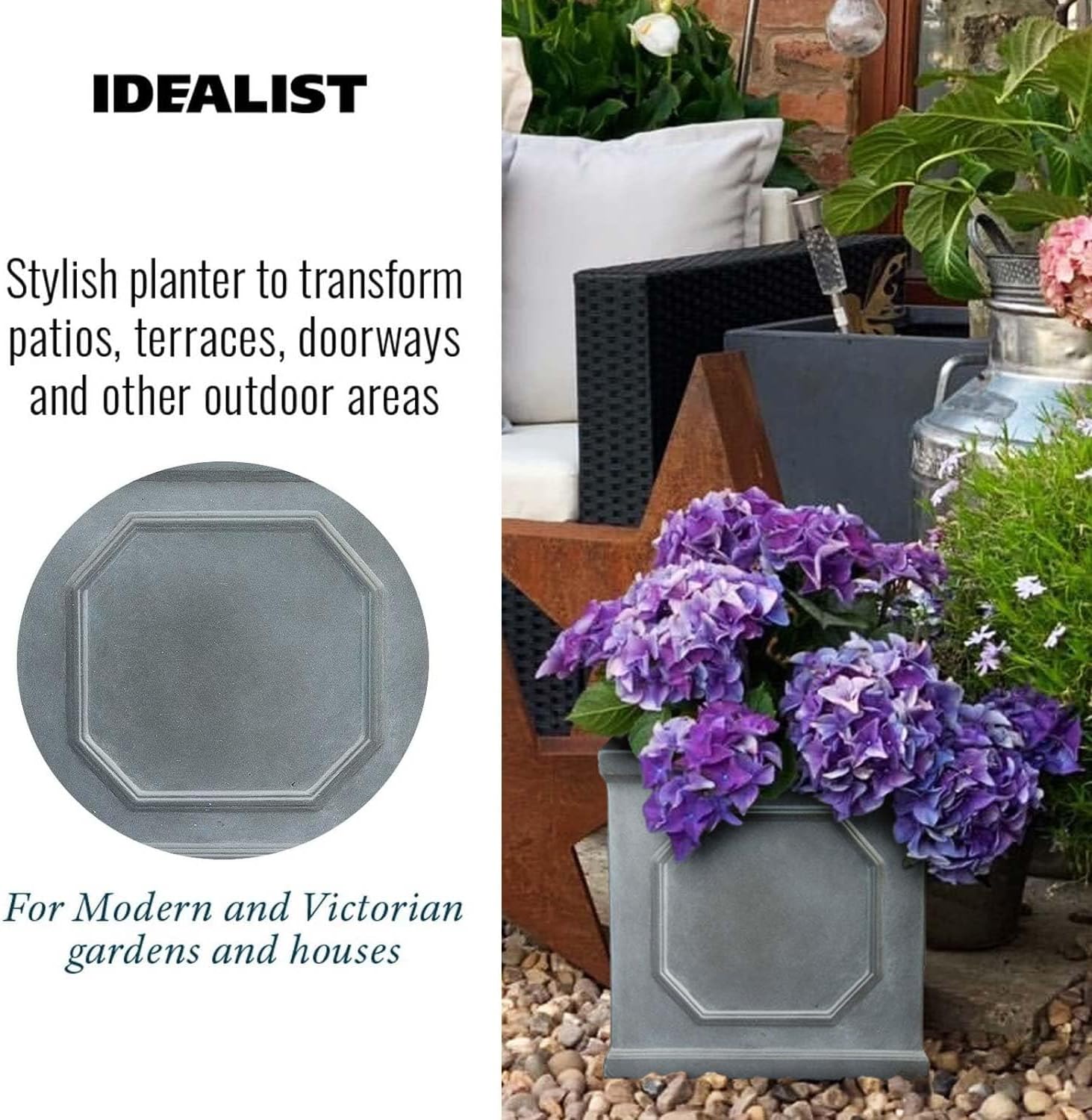 30cm Square Planter Faux Lead Grey Garden Pot Drainage