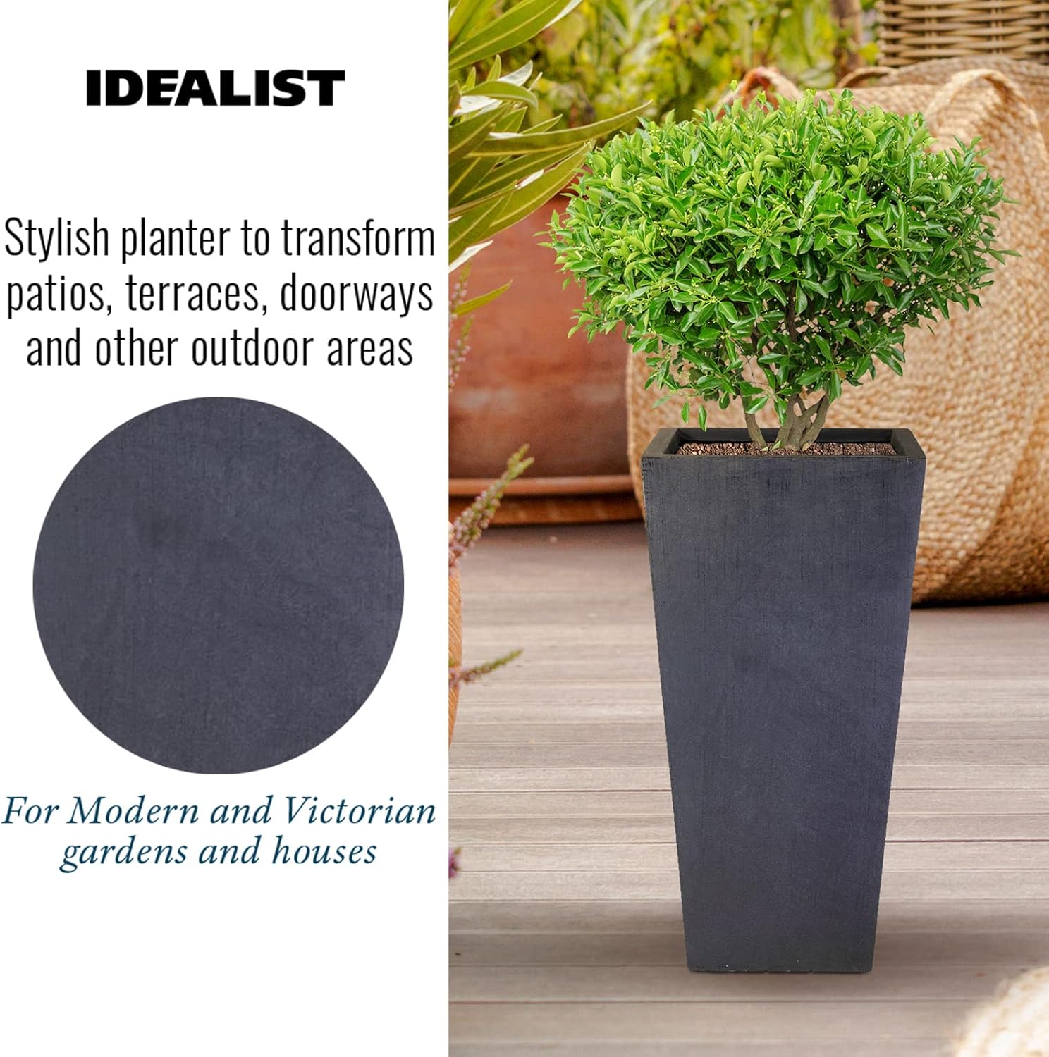 38.5cm Tall Planters Set 2 Dark Grey Stone Effect Square Pots