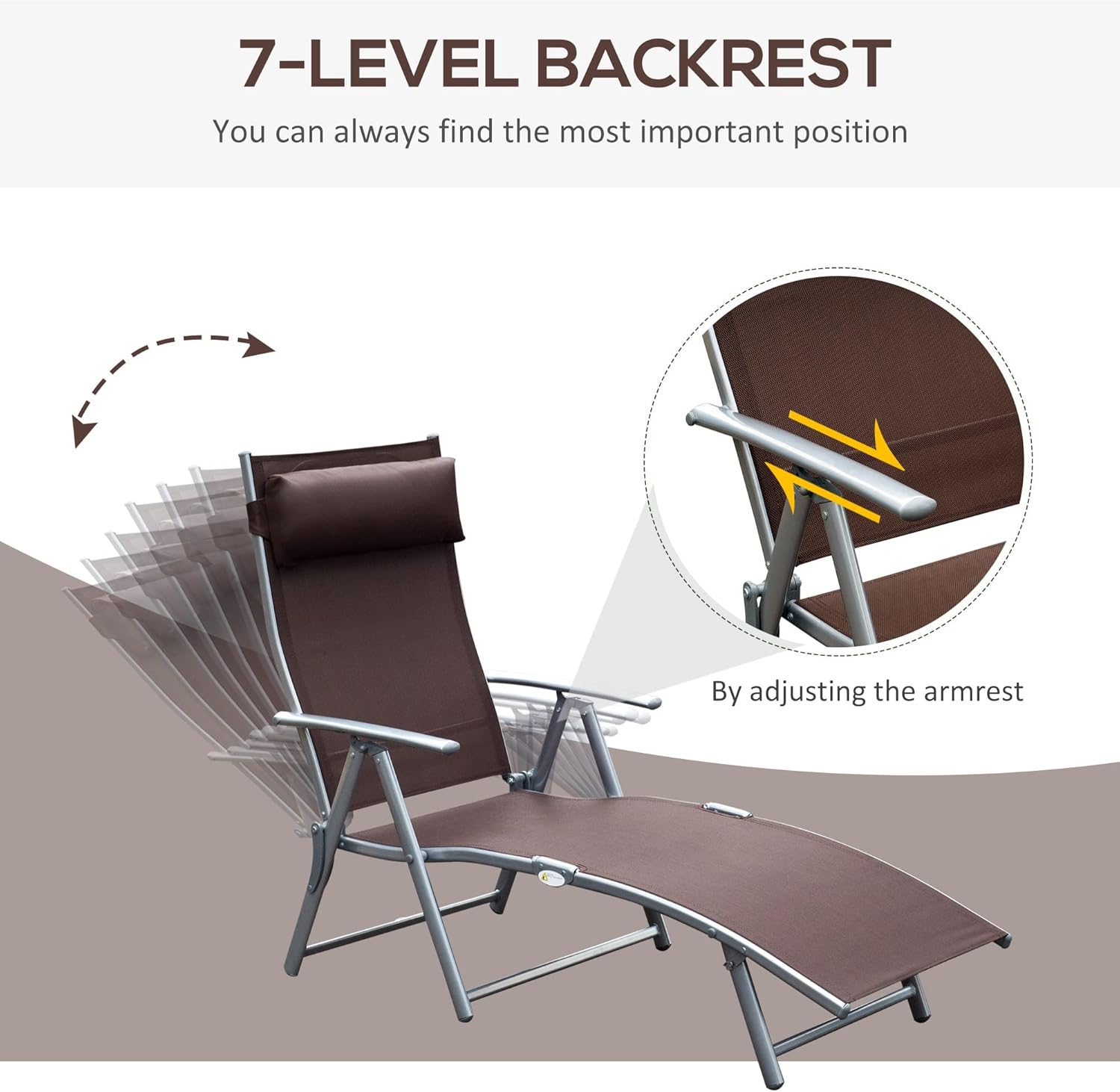 Heavy Duty Folding Sun Lounger 7 Level Recliner Brown