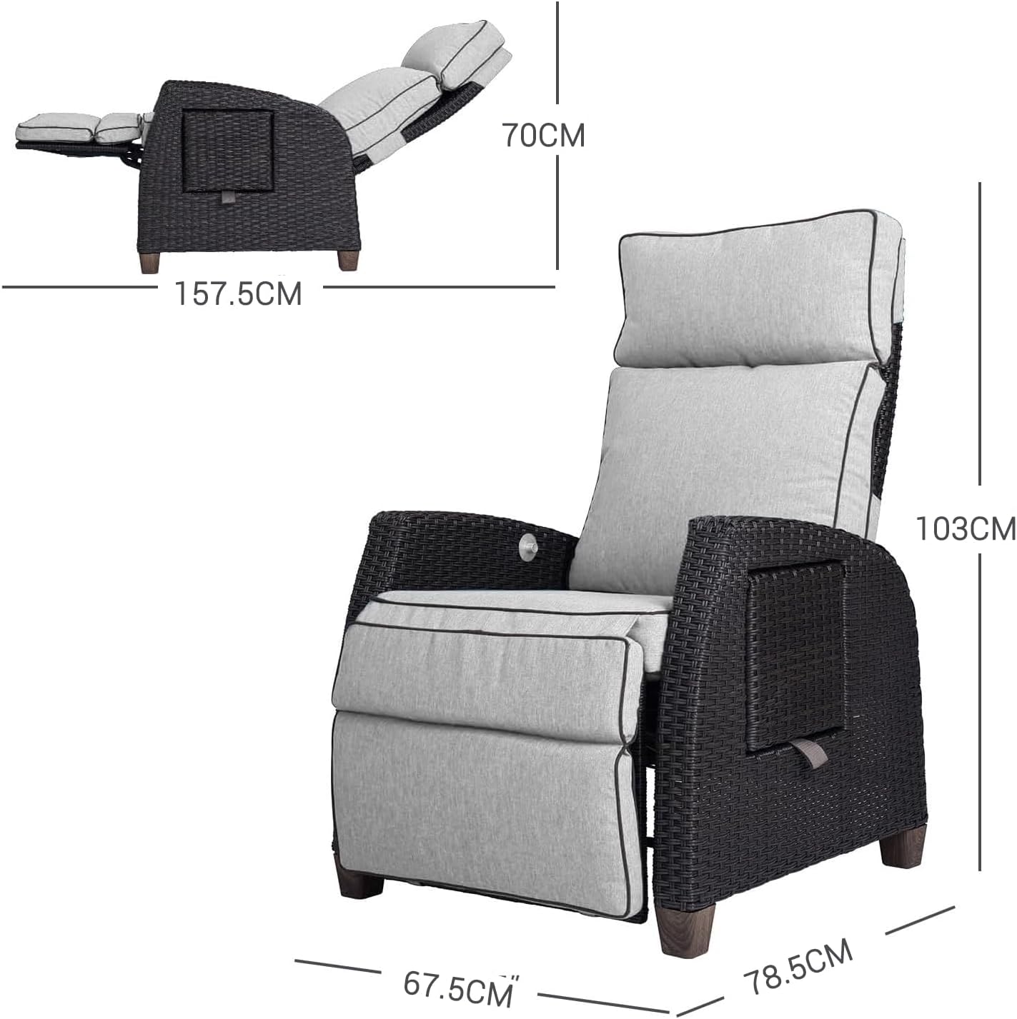 Wicker Garden Recliner Chair Beige Cushion with Table