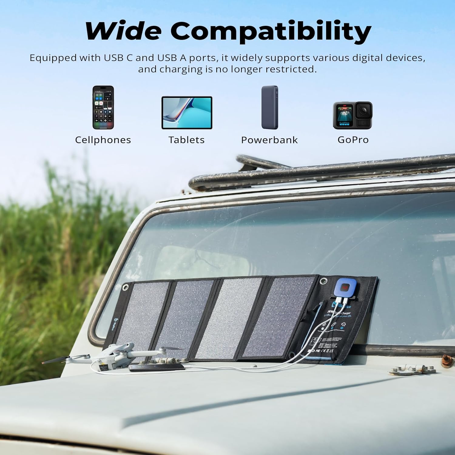 28W Foldable Solar Charger USB C USB A Camping Travel