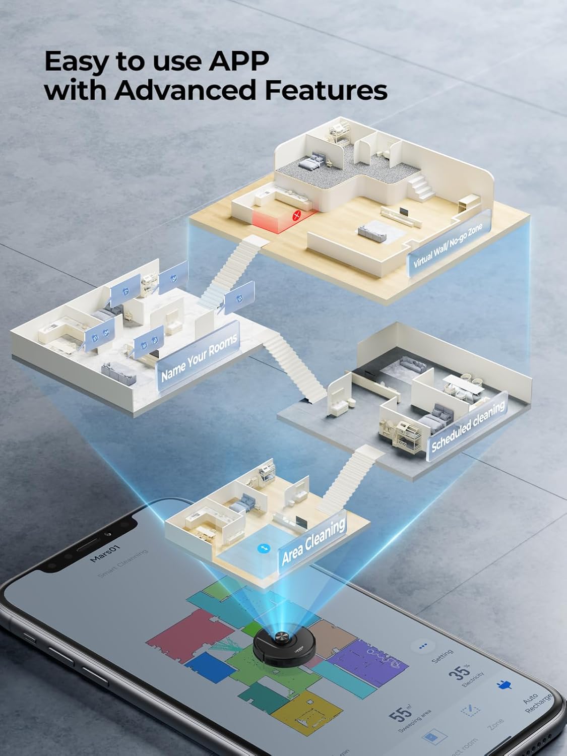Robot Vacuum Mop 7000Pa LiDAR Mapping App Voice Control 180Min