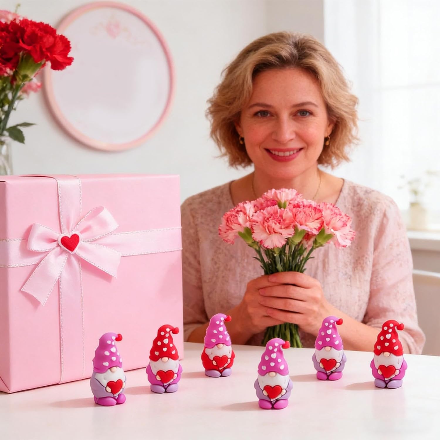 50PCS Valentine Gnome Figurines Mini Heart Decor Bulk Set