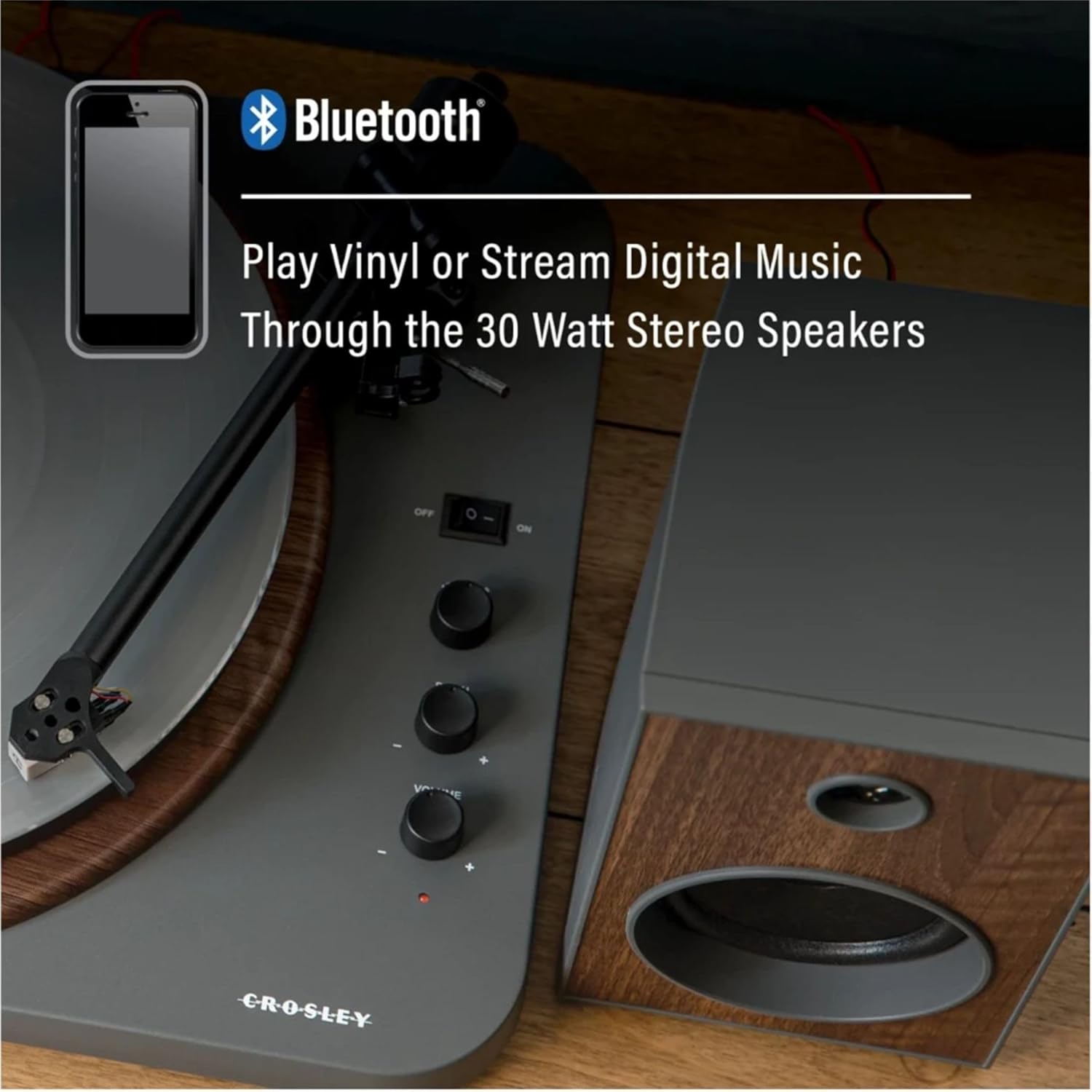 Bluetooth Record Player with 24W Speakers Walnut Grey