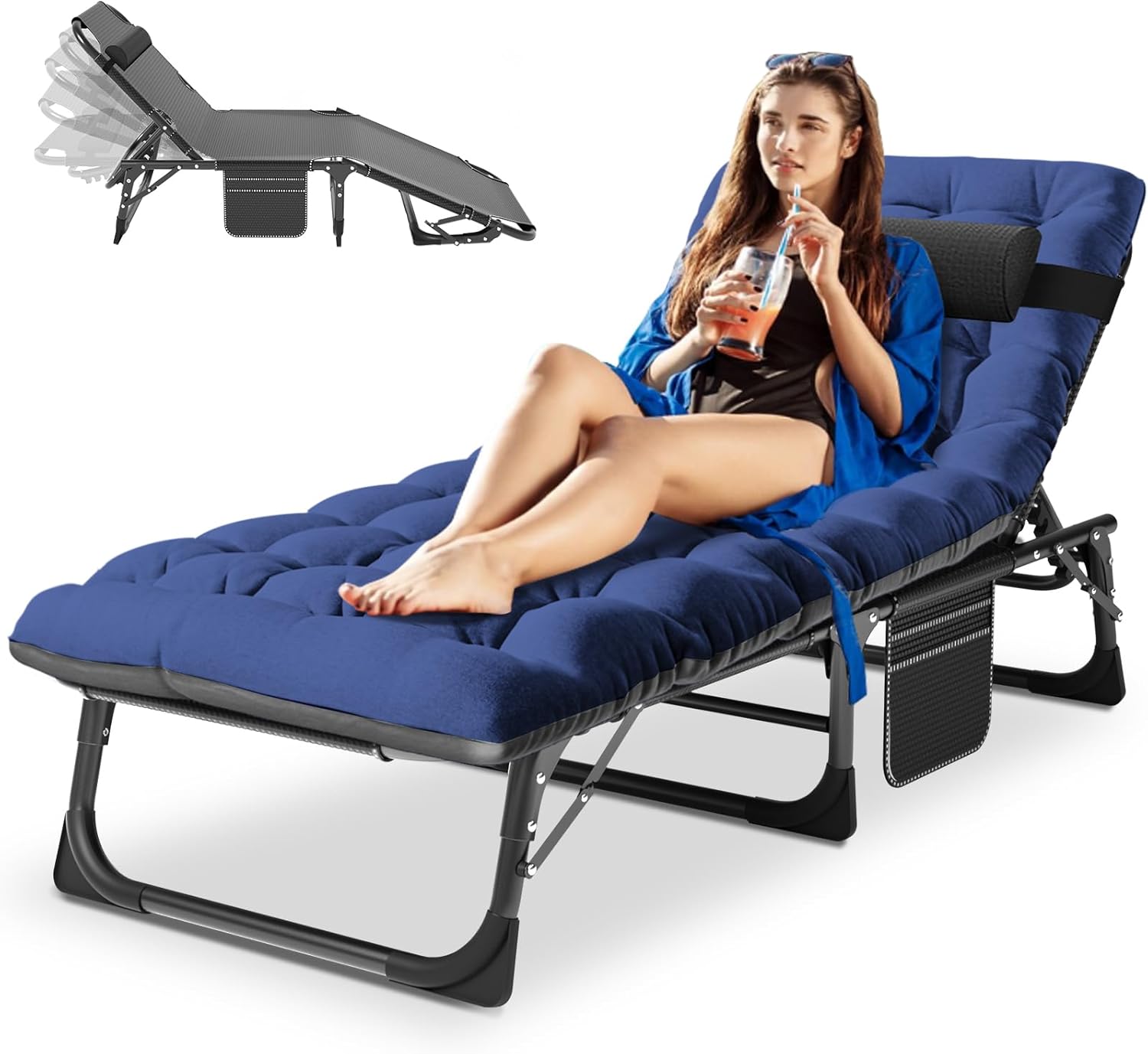 Heavy Duty Folding Lounger Bed Blue 200KG Recliner