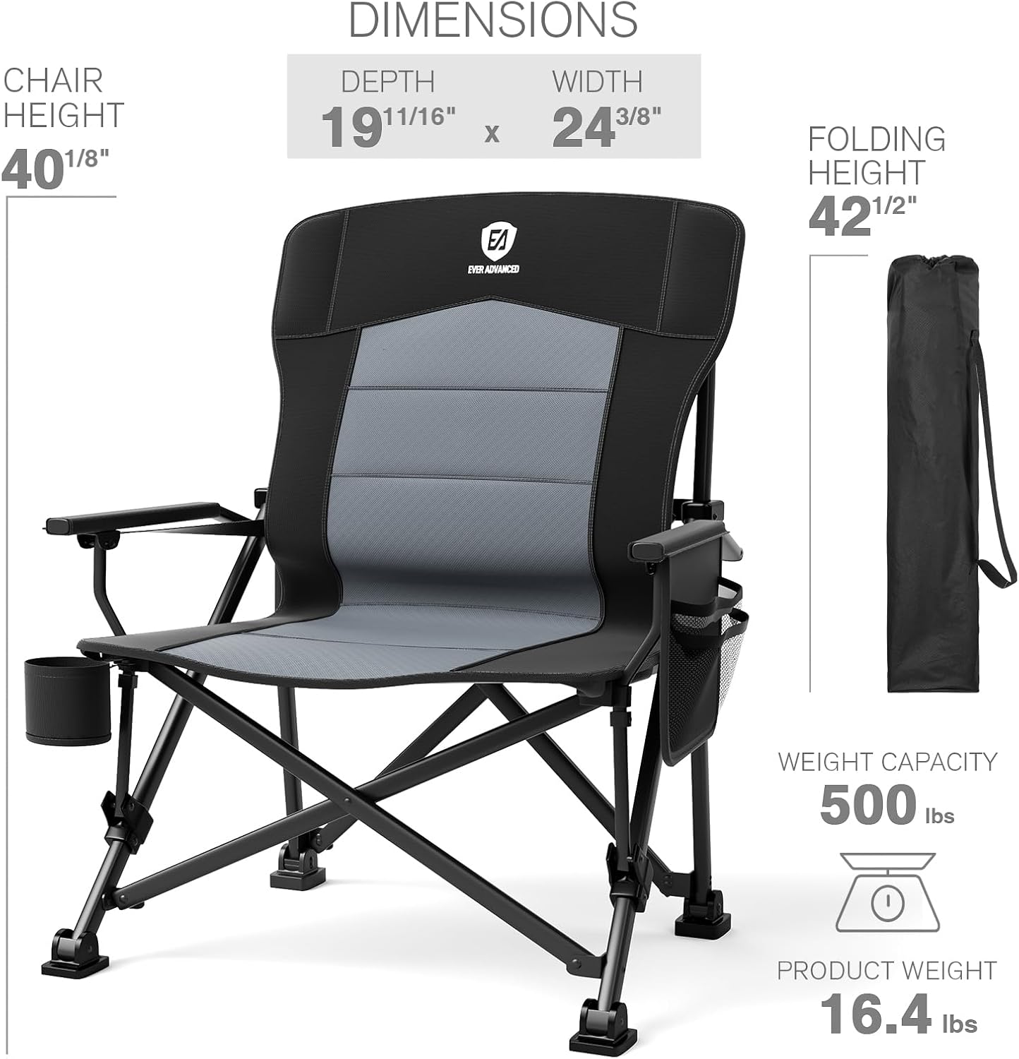Oversized Folding Camping Chair XL Heavy Duty Lumbar Support 230KG Black