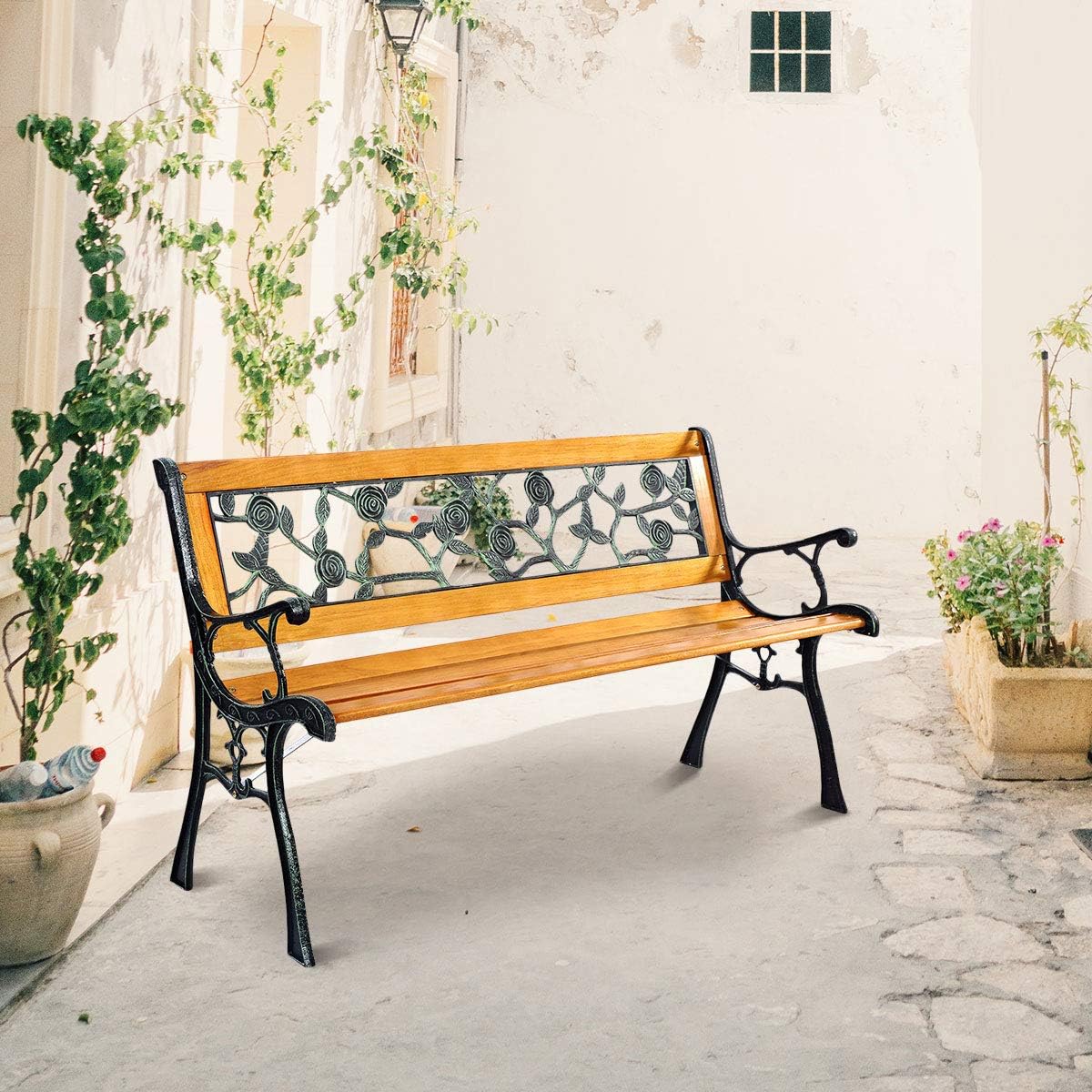 3 Seater Wooden Garden Bench Cast Iron Frame Patio Seat