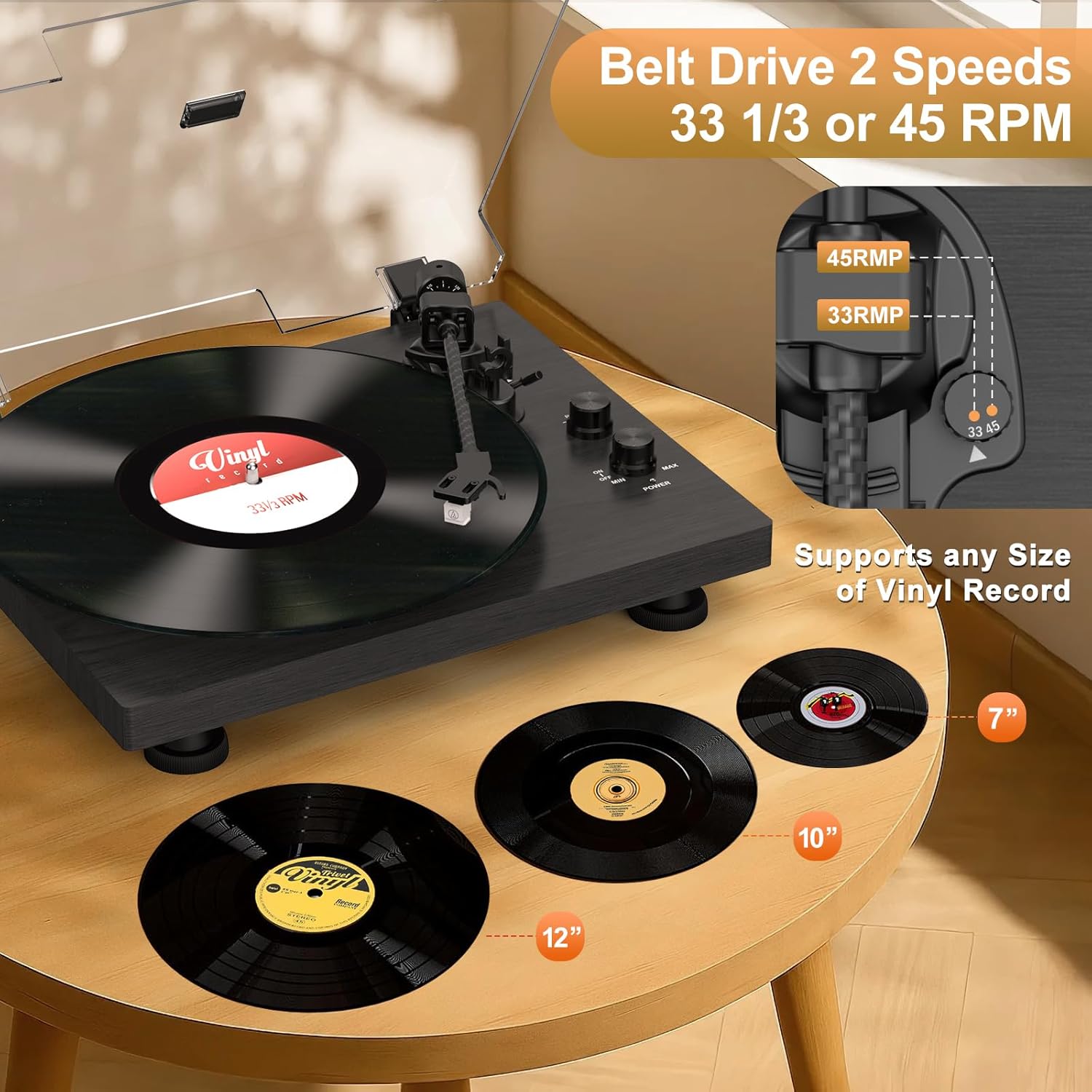 High-Fidelity Vinyl Turntable with Bluetooth, 33/45 RPM, Adjustable Counterweight