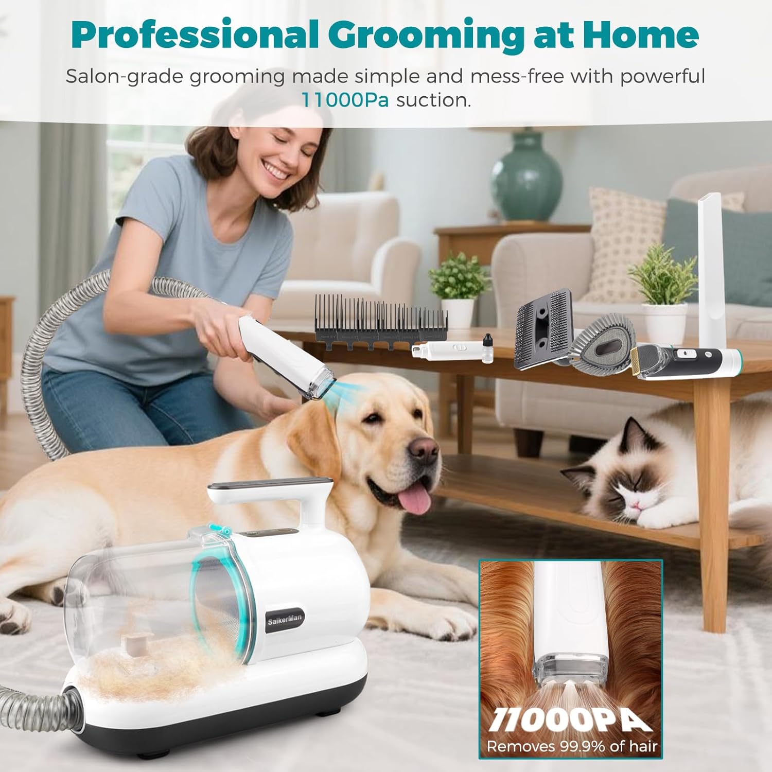 Dog Grooming Vacuum Kit 11000Pa 6 Tool Low Noise Clipper
