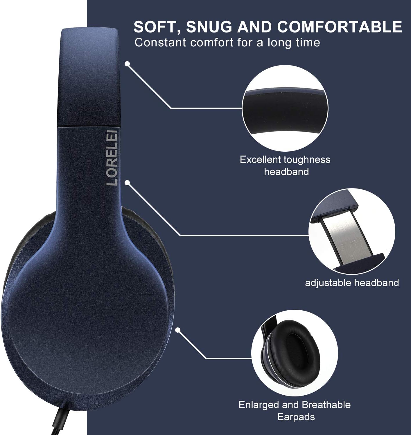 Wired Over Ear Headphones With Mic Stereo Bass 3.5mm Blue