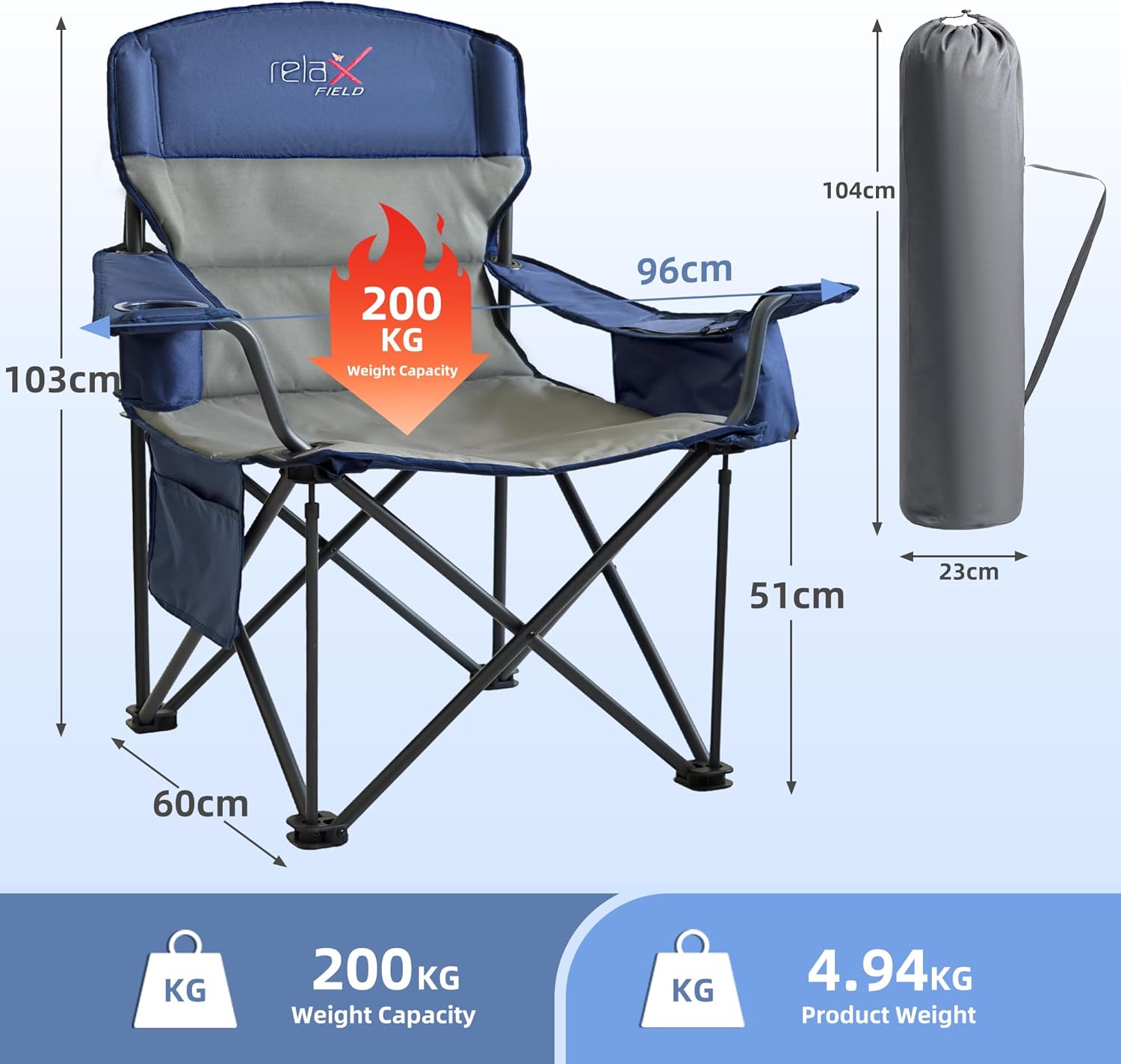 Oversized Camping Chair Heavy Duty 200KG Cooler Blue