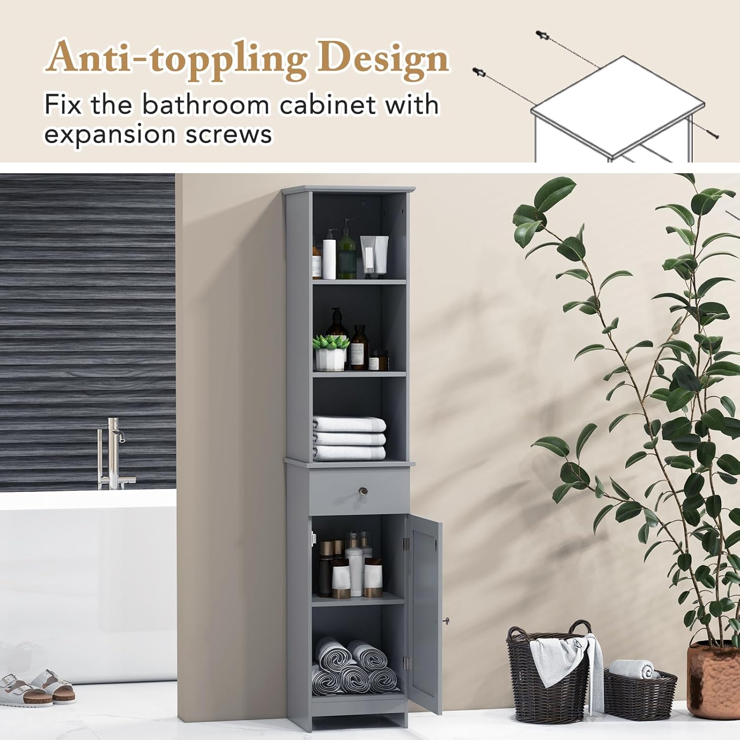 Slim Bathroom Tall Cabinet Drawer Door Shelf Unit Grey