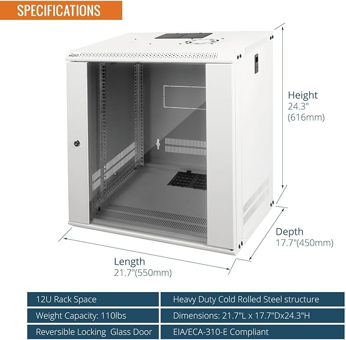 12U Wall Mount Server Cabinet 450mm Glass Door White