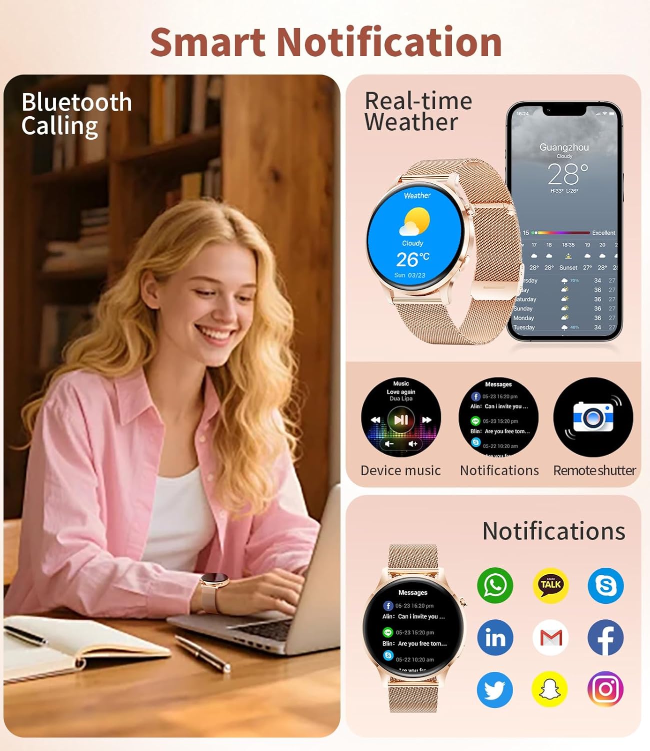 Womens AMOLED Smart Watch Rose Gold Mesh Call