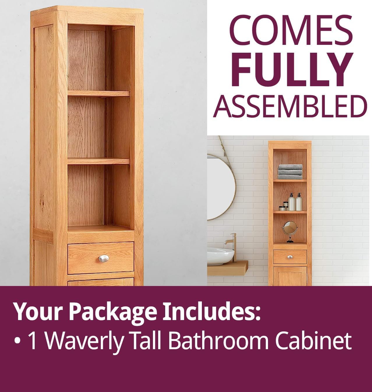 Solid Oak Tall Bathroom Storage Cabinet Drawer Shelf Unit