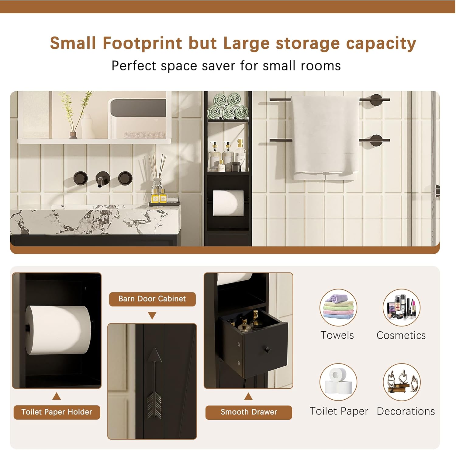 Slim Bathroom Tall Cabinet Door Drawer Shelf Unit Black