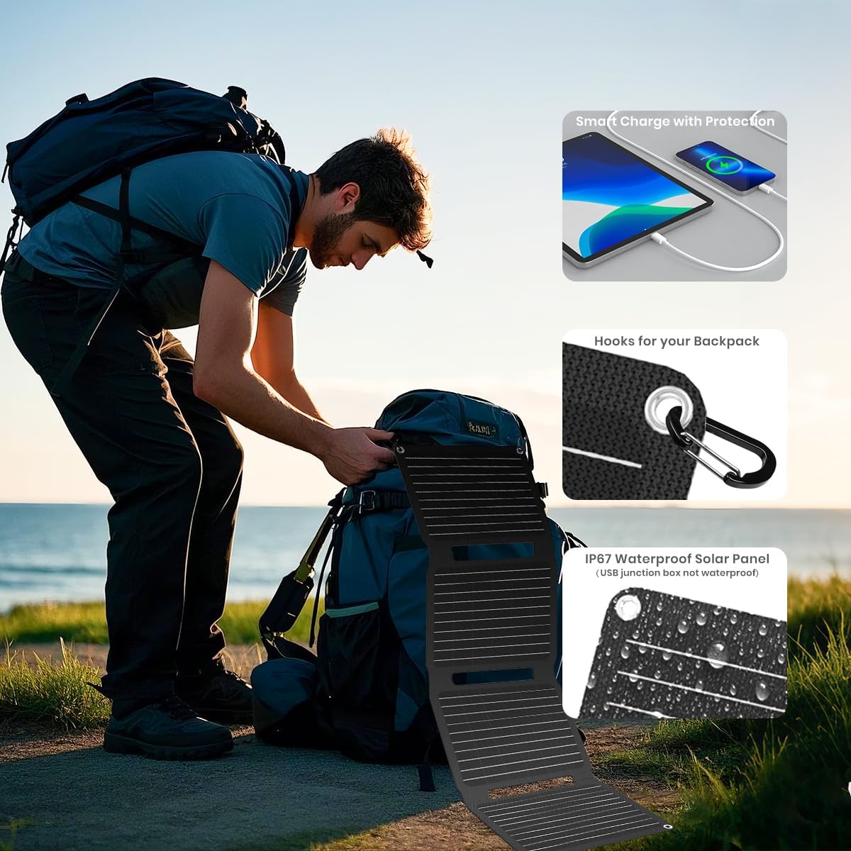 30W Foldable Solar Charger USB C USB A Camping Travel