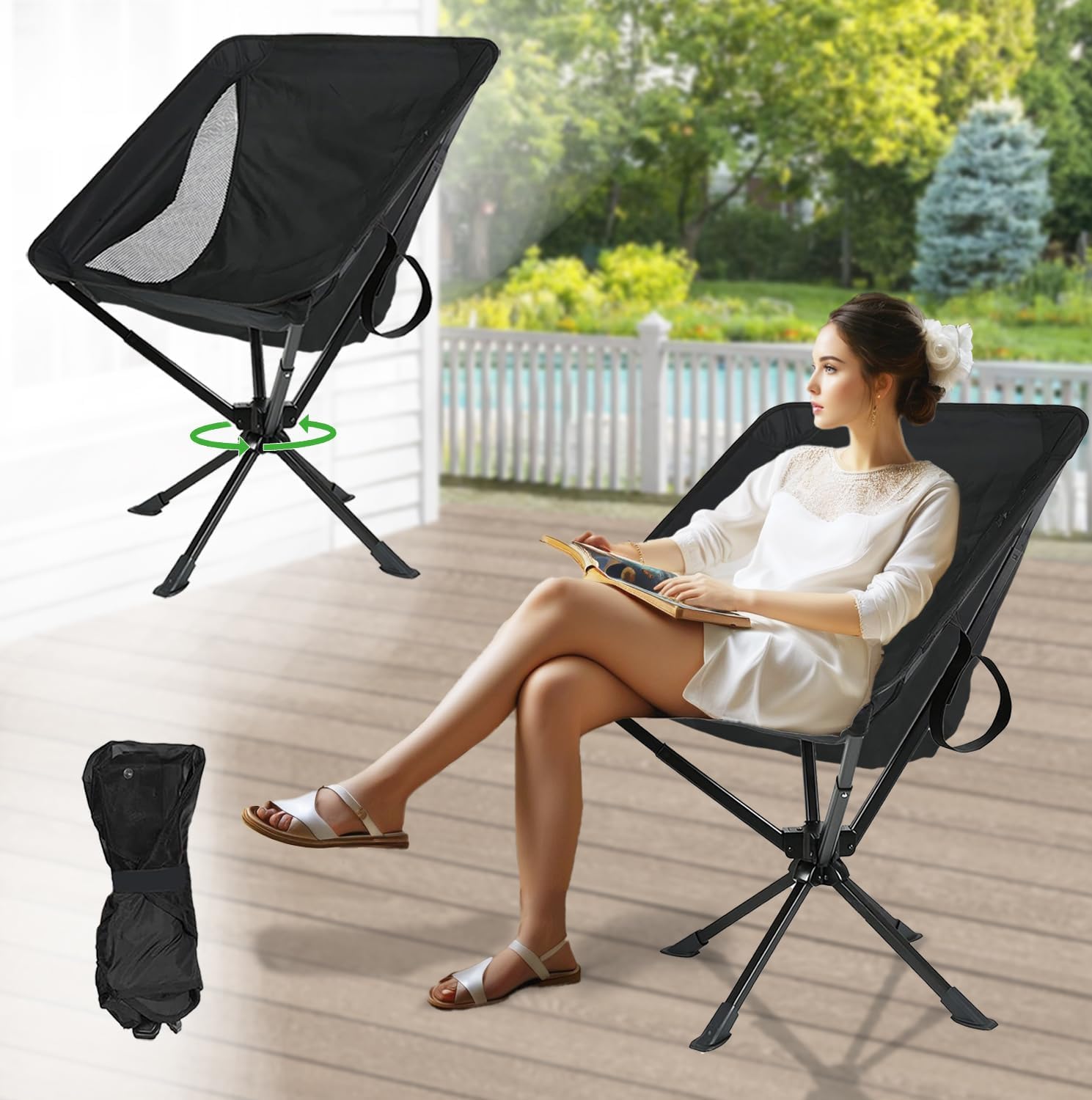 360 Swivel Folding Moon Camping Chair Portable Black