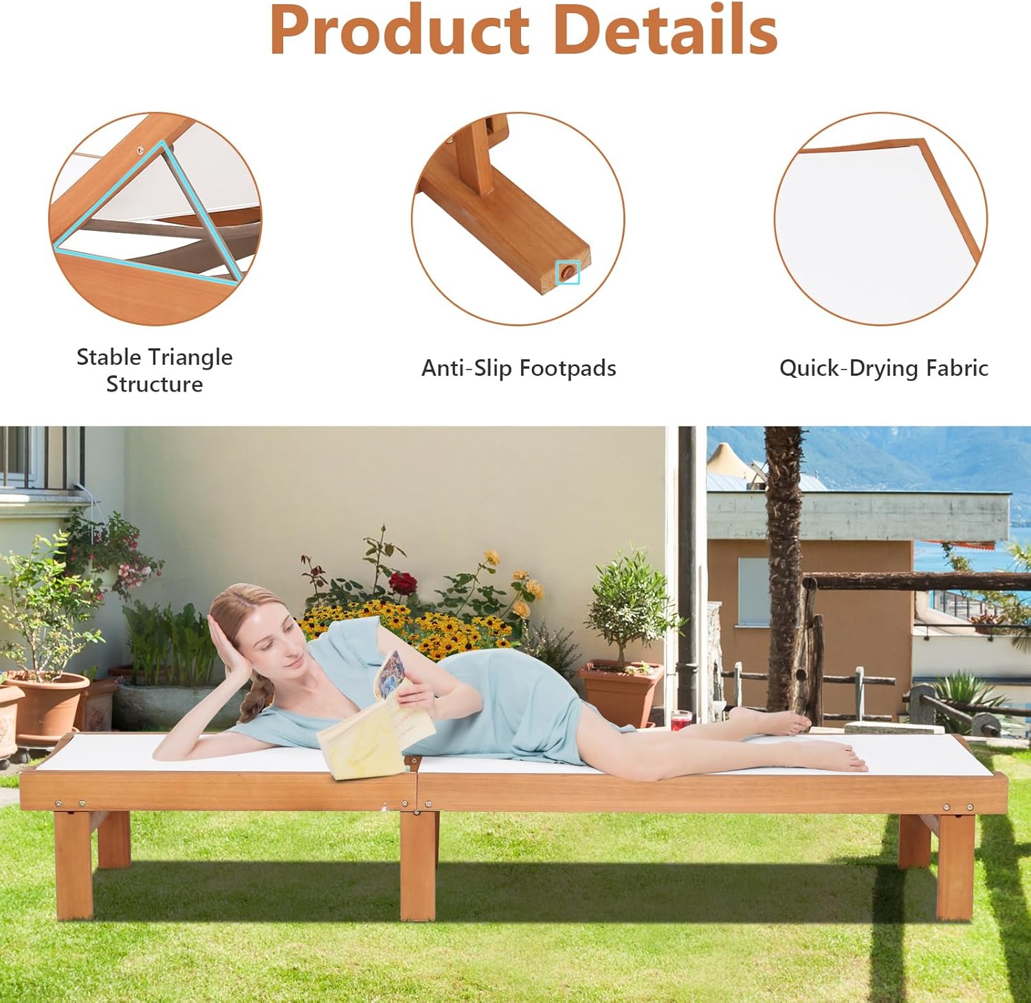 Wooden Garden Sun Lounger 5 Position Recliner 200cm Teak