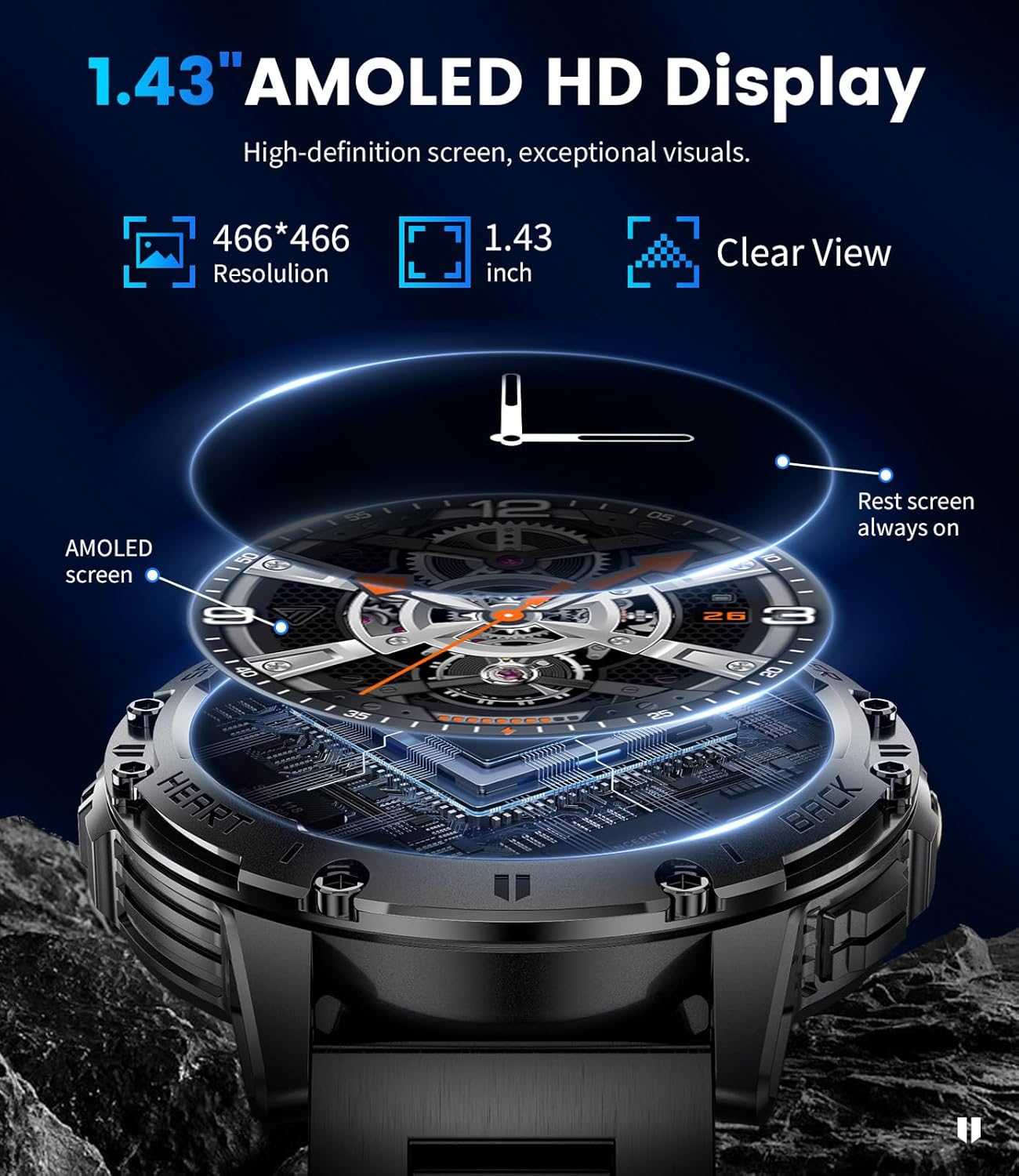 Military AMOLED Smart Watch LED Light 3 Straps