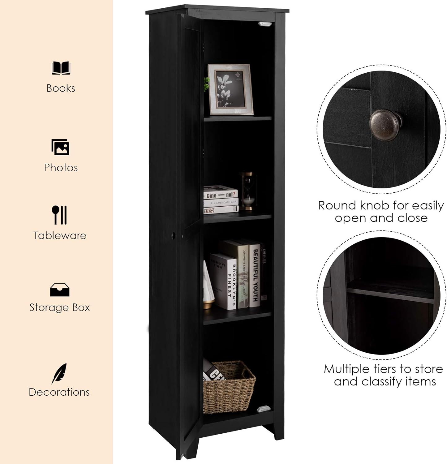 Tall Storage Cabinet Black 4 Shelf Single Door Unit