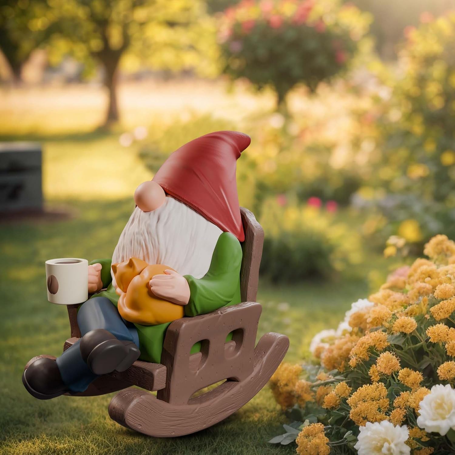 Funny Garden Gnome Statue Rocking Chair Coffee Outdoor Decor