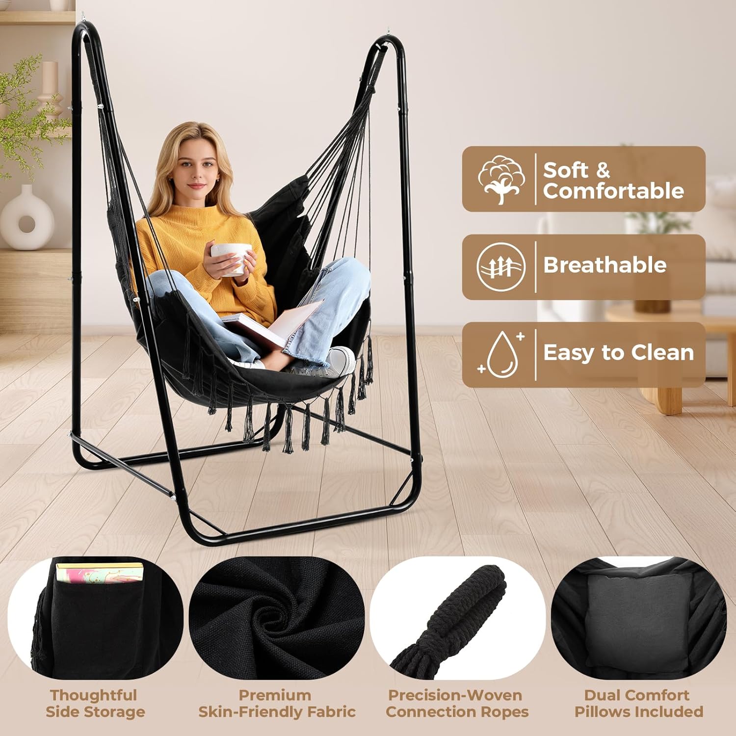 Black U Shaped Hammock Chair with Stand