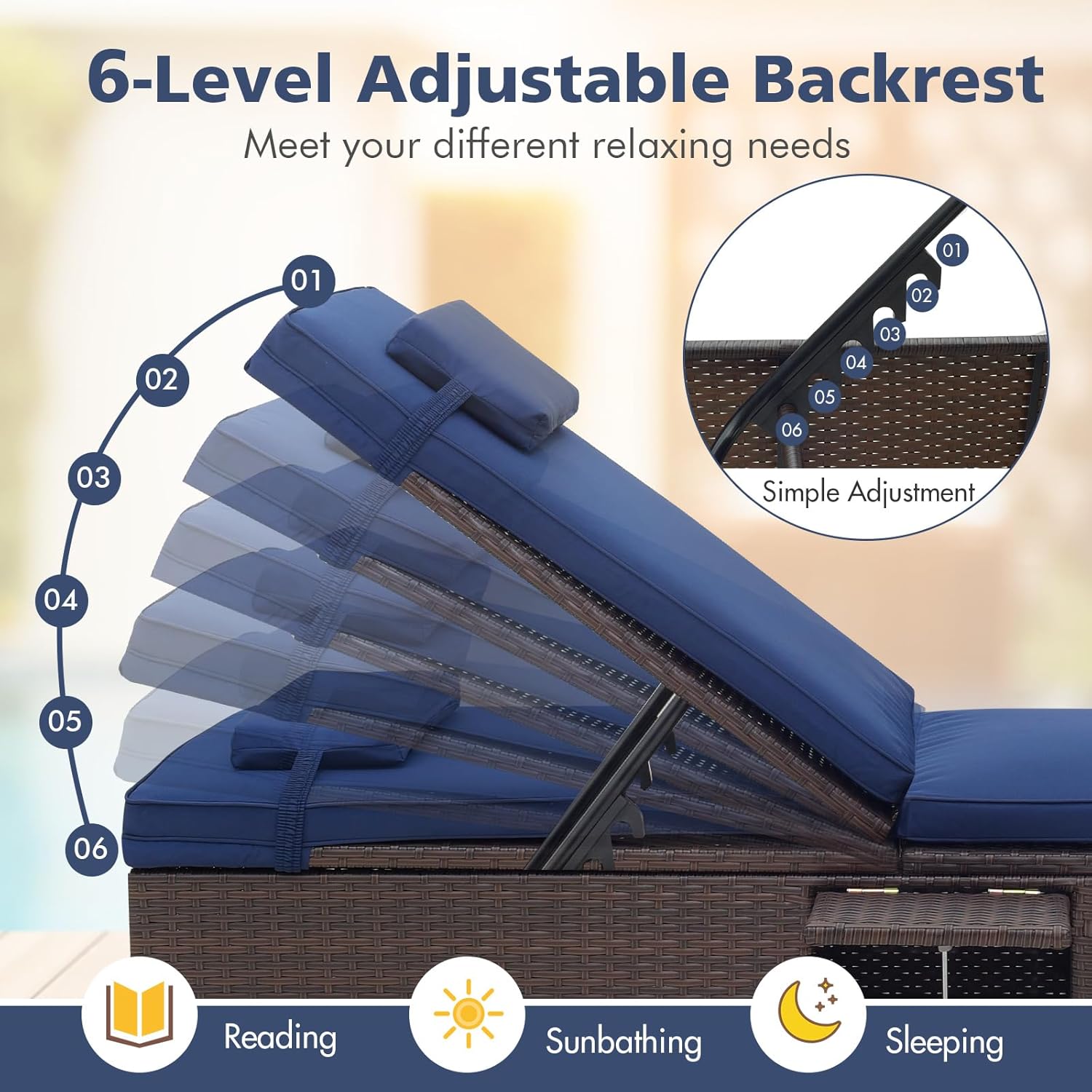Rattan Sun Lounger Adjustable Garden Chaise with Cushion Table Navy