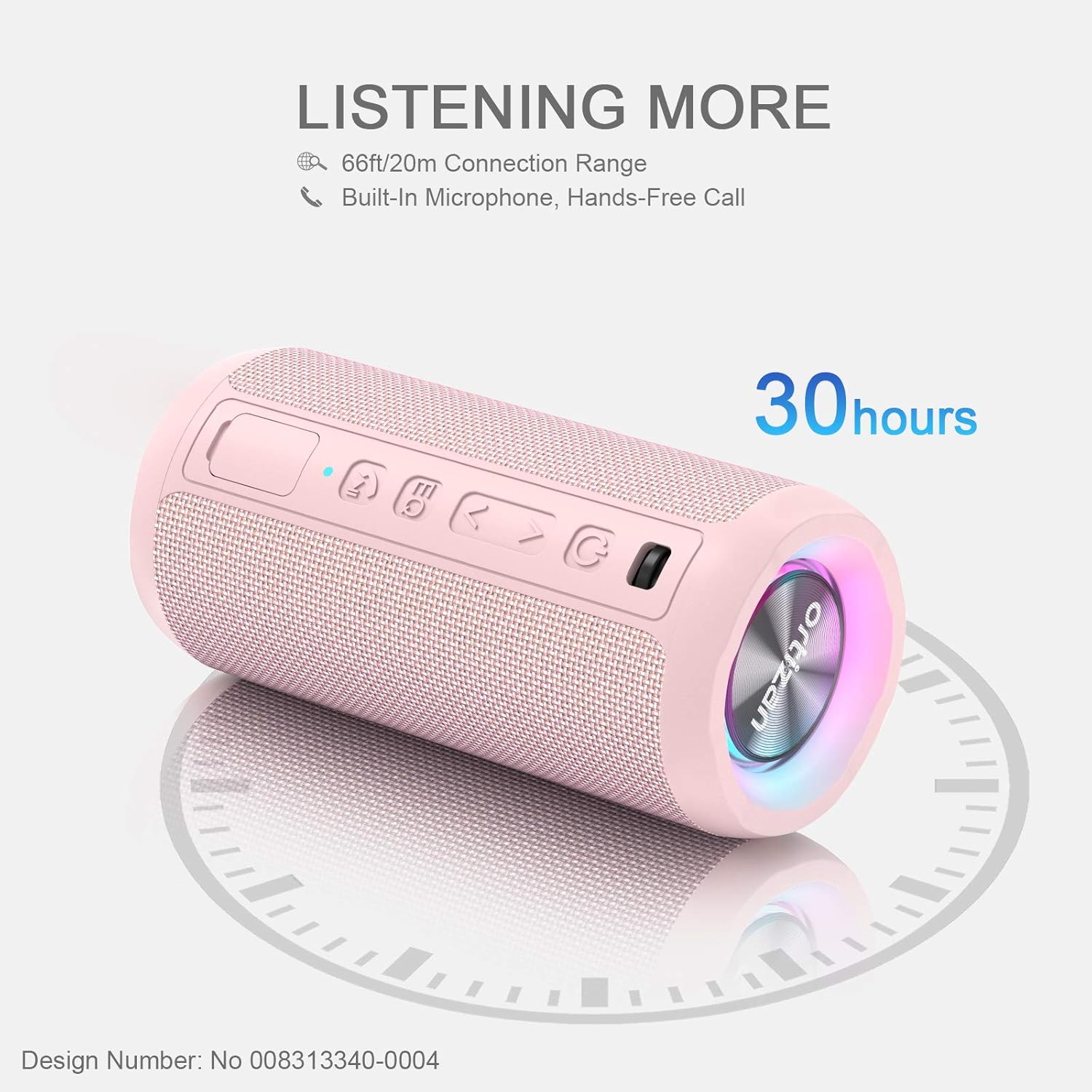 Pink Bluetooth Speaker 24W Loud Bass LED Lights IPX7 30H