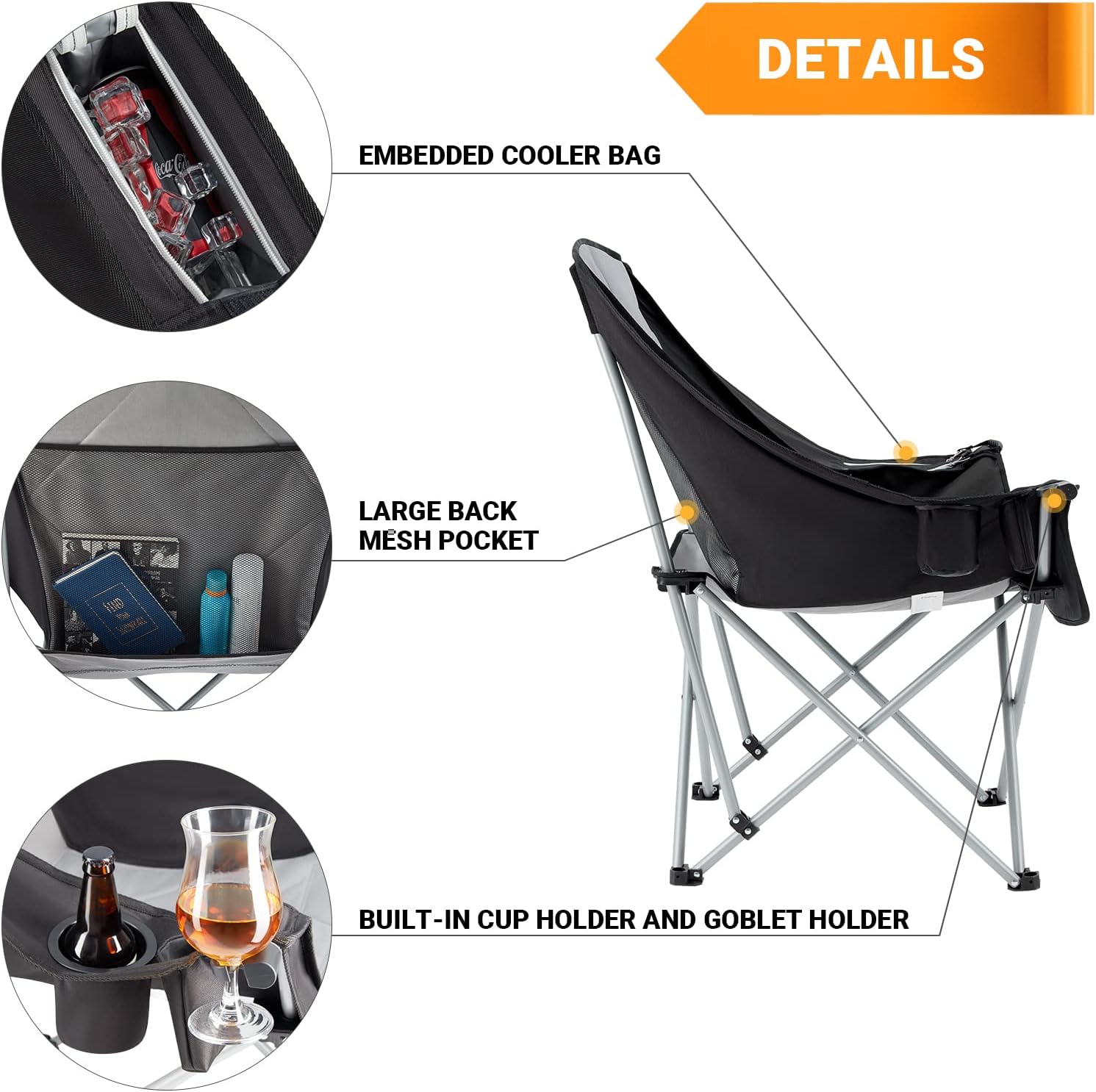 Oversized Moon Camping Chair 136KG Black Grey