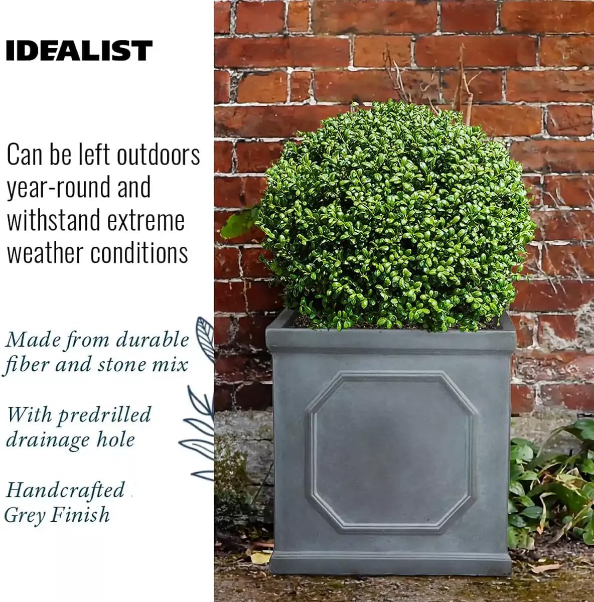 37cm Square Planter Faux Lead Grey Garden Pot Drainage