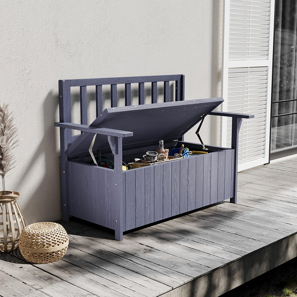 2 Seater Wooden Garden Storage Bench 135L Outdoor Patio Seat Grey