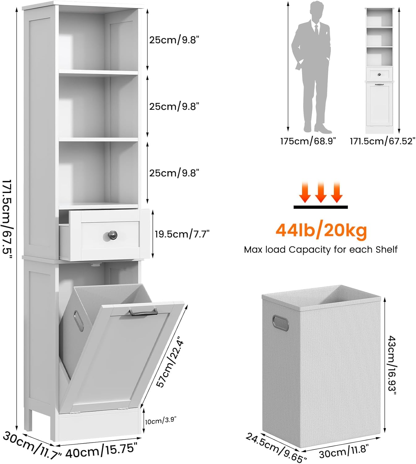 Tall Bathroom Cabinet Laundry Basket Drawer Shelves White 170cm