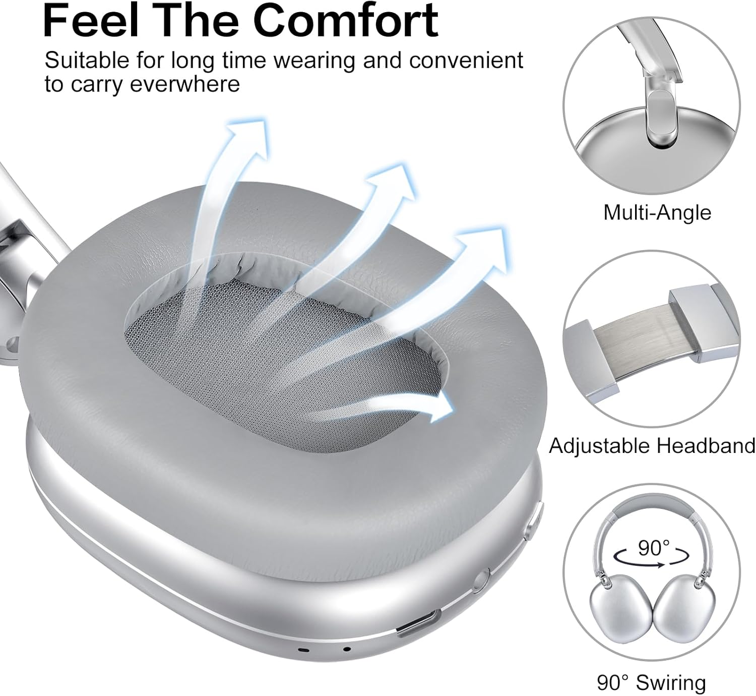 Wireless ANC Over Ear Headphones 60H Playtime Deep Bass Foldable