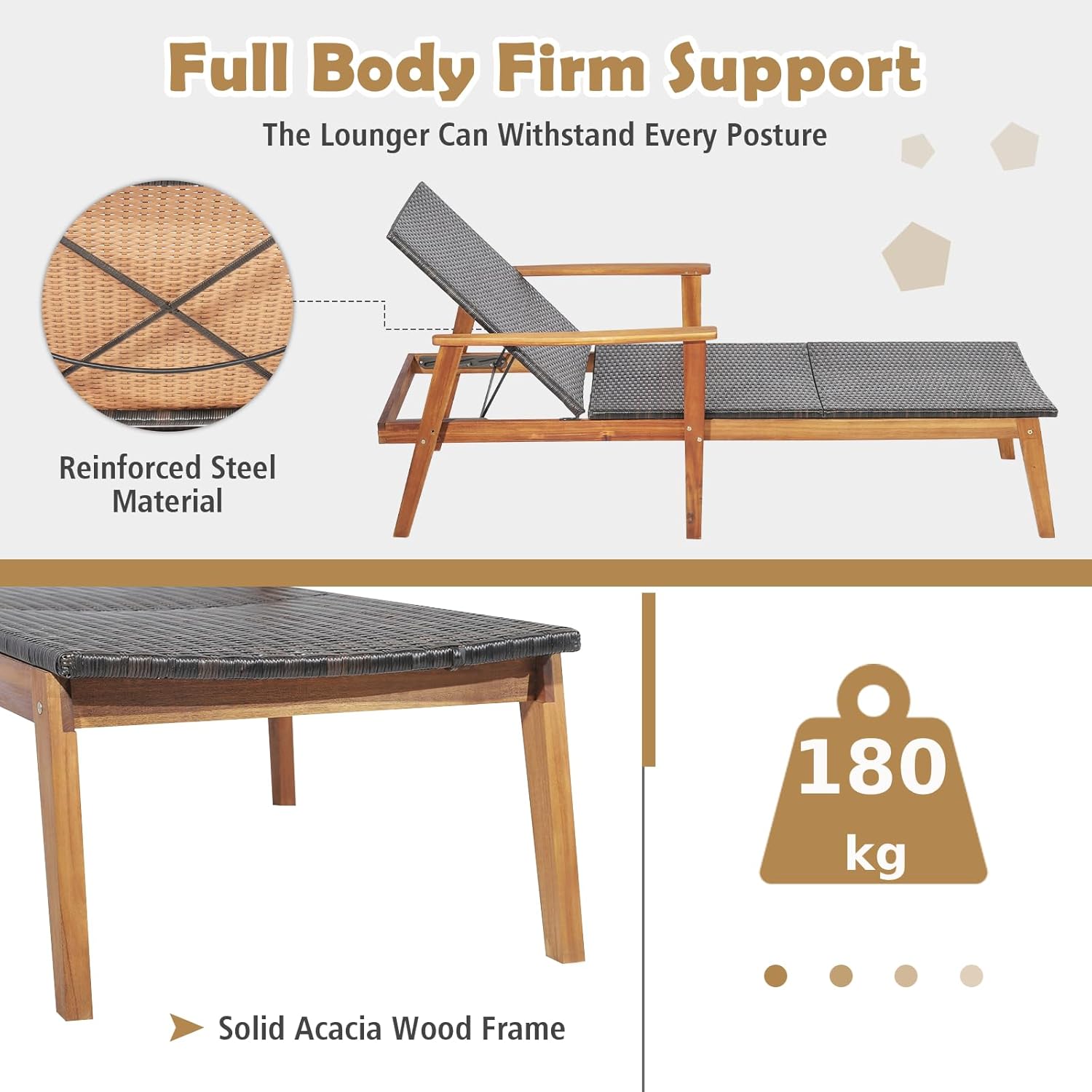 Acacia Wood Rattan Sun Lounger 4 Position Recliner