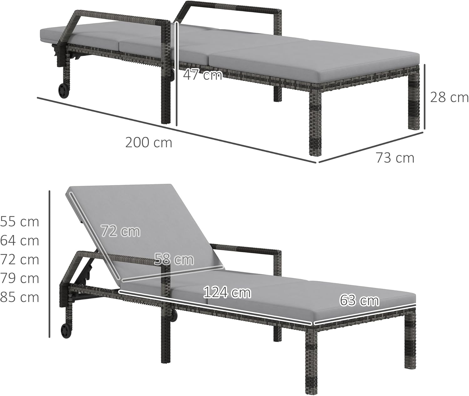 PE Rattan Sun Lounger Recliner 5 Position with Wheels Grey