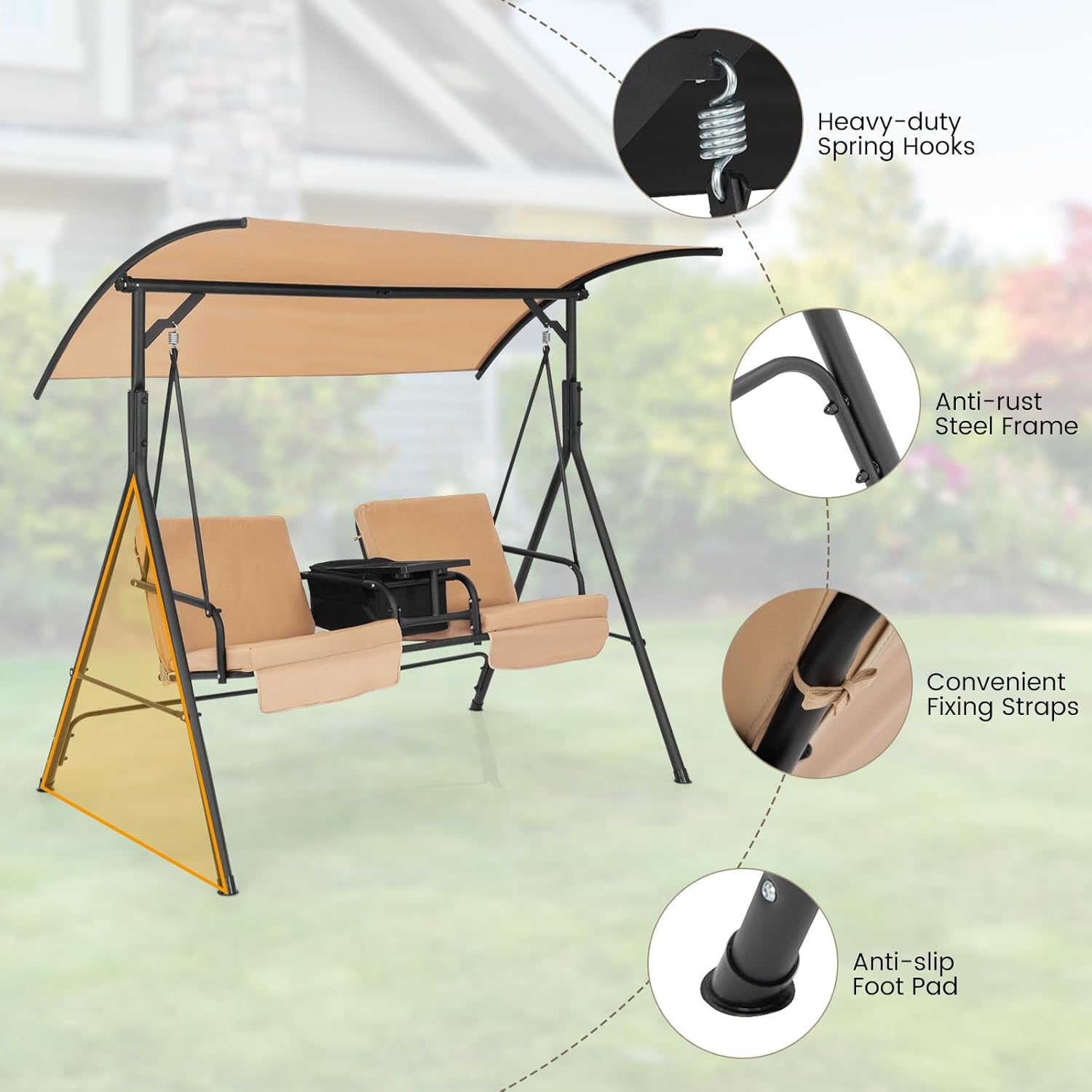2 Seater Swing Chair Canopy Cooler Tray Beige Patio