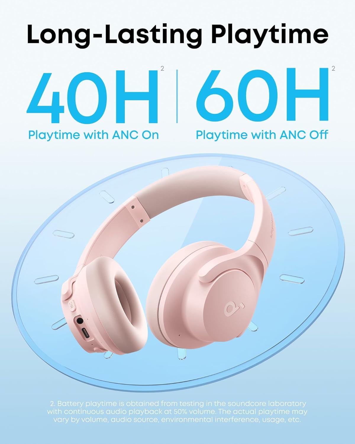 Pink ANC Bluetooth Over Ear Headphones 40H Playtime Hi Res